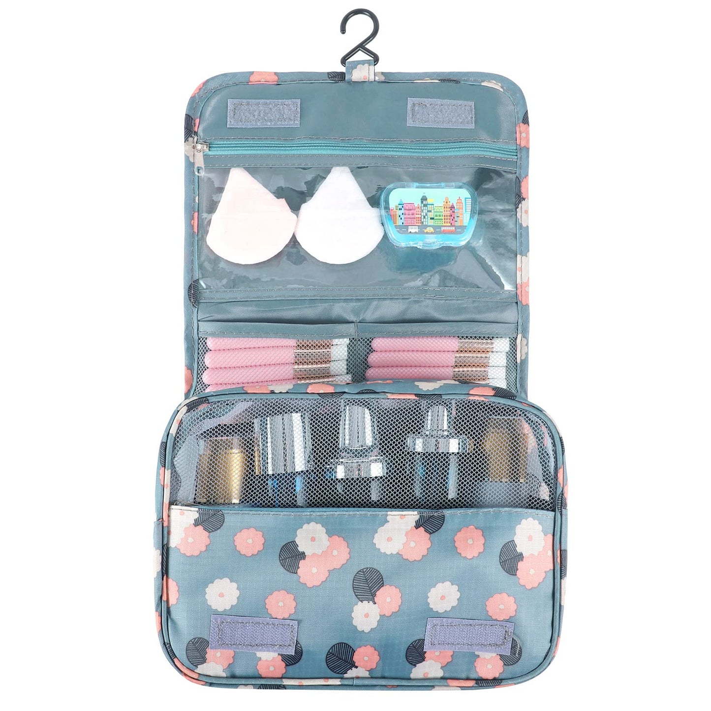 Pengxiaomei Hanging Toiletry Bag, White & Pink Little Flowers Waterproof Cosmetic Bag Portable Travel Makeup Pouch Wash Bag with Handle for Woman Teen Girl Gifts