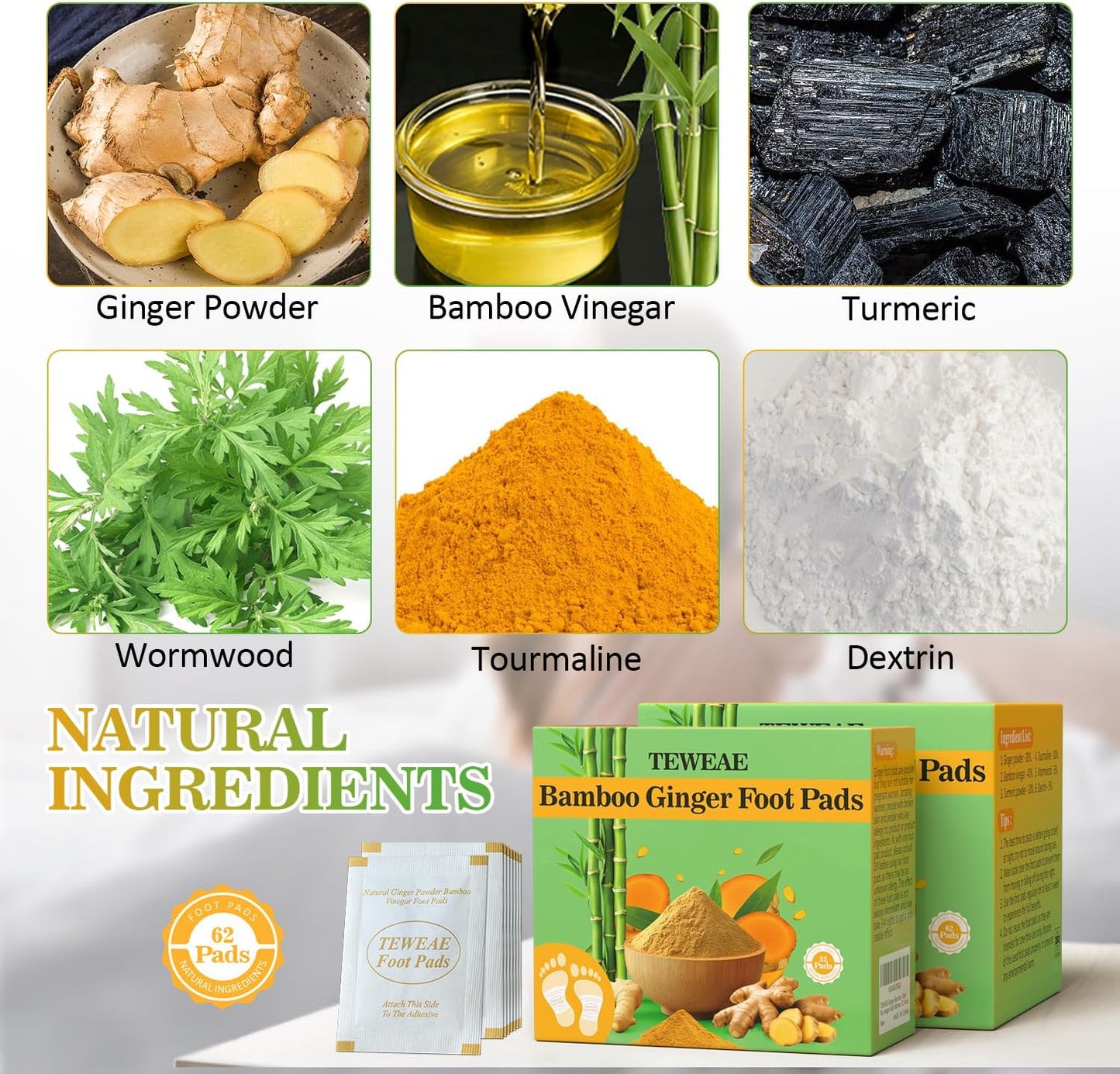 Natural Ginger Foot Pads - Turmeric & Bamboo Vinegar for Better Sleep | 62 Count Relaxation Patches