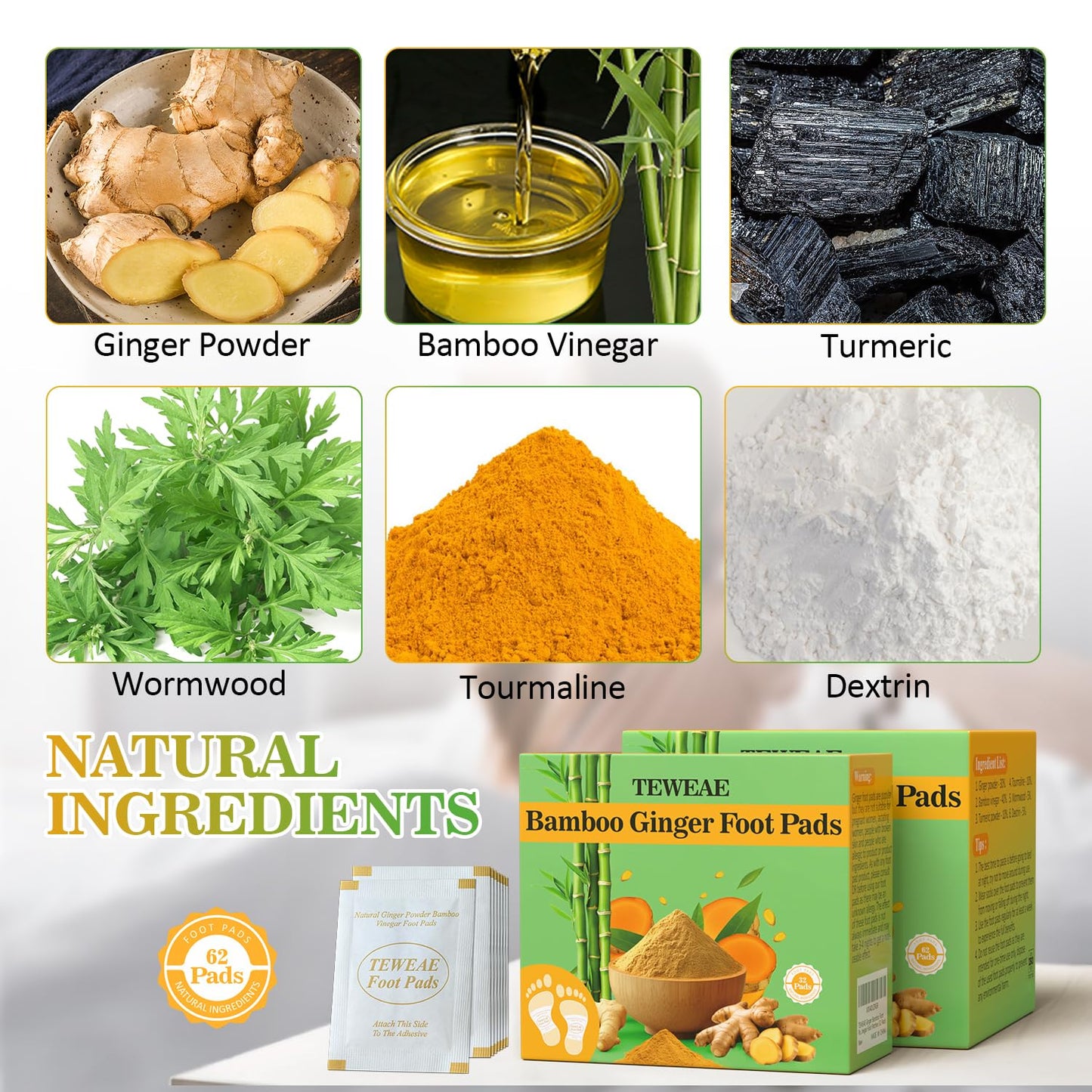 TEWEAE 62 Pads Foot Pads for Better Sleep, Natural Ginger & Bamboo Vinegar Turmeric Wormwood - No Off - Improves Sleep and Relaxation - Premium Foot Care Good Night Foot Patches. for Father's Day