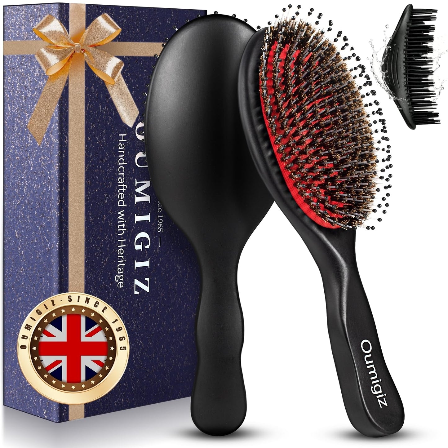 OUMIGIZ Boar Bristle Hair Brush Since 1965 British Craftsmanship, Handmade Natural Wood Slick Back Hairbrush, Gentle Detangling Smoothing Women Men Kids Curly Thick, Fine Hair
