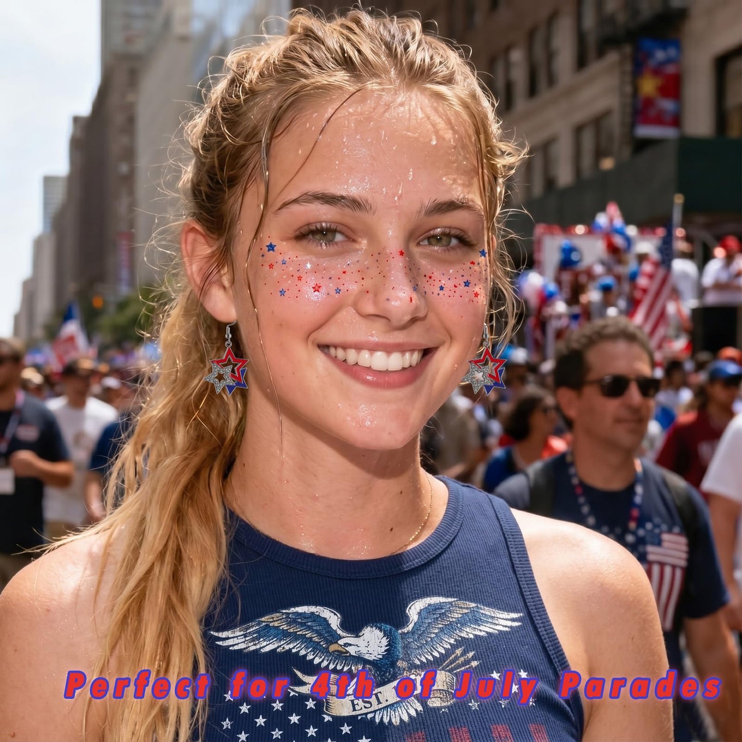 Paminify Red White Blue Glitter Freckles Face Tattoos,Independence Day Patriotic American Flag Star Earrings,4th of July Outfit for Women,Fourth of July Accessories