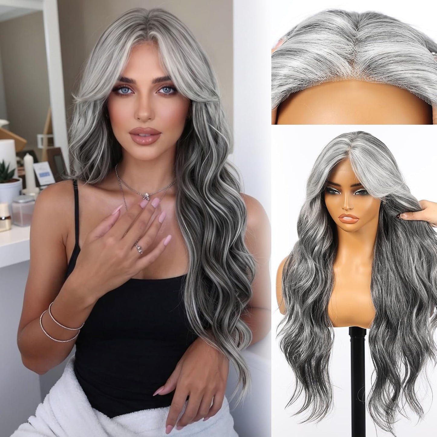 KOME Ash Brown Synthetic Lace Front Wig - T Part Glueless Long Body Wavy Style | 28 Inch with Bangs for Women