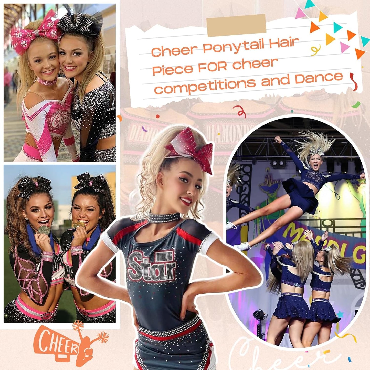 Cheer Ponytail Hair Piece | 100% Real Human Hair, 16" Straight Extension for Dance & Competition - Brown with Blonde Highlights