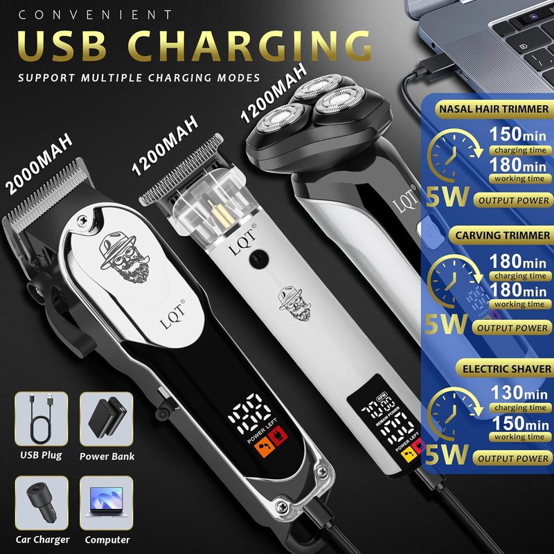 Professional Barber Kit - Cordless Hair Clipper & Trimmer Set with LED Display | USB-C Rechargeable, Precision Blades, Low Noise