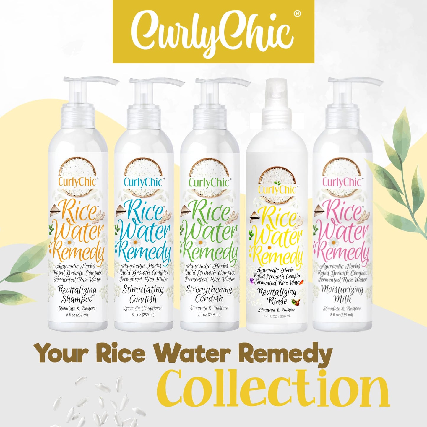 Curly Chic Rice Water Remedy Revitalizing Hair Rinse - Anti-Breakage & Strengthener, Ayurvedic Herbs, Nourishing Conditioner for All Hair Types - Sulfate, Paraben & Mineral Oil Free - 8 fl oz