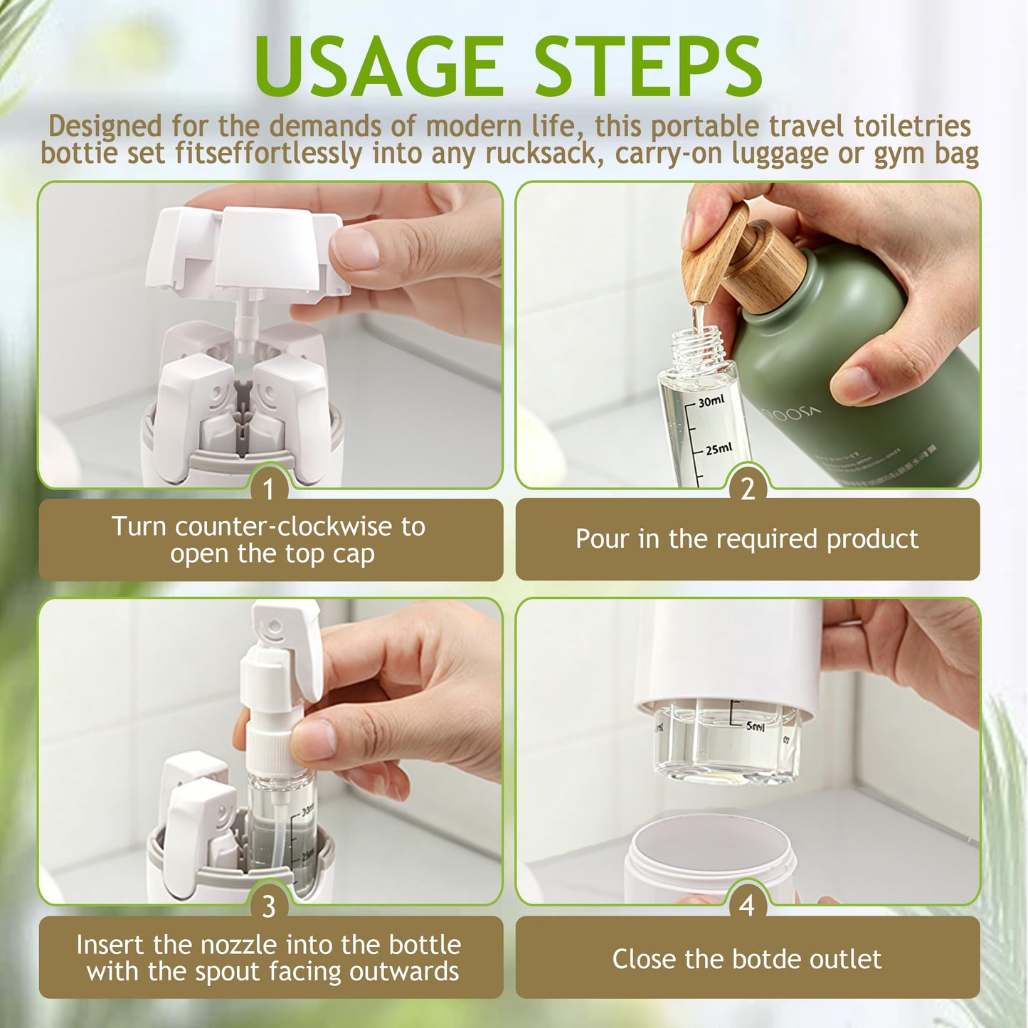 4 in 1 Travel Dispenser Bottle, 4 Pack 30ml Portable Leakproof Rotatable Travel Dispenser Set with Label, Suitable for Storing Shower Gel, Shampoo, Laundry Detergent, for Travel, Camping (Green)