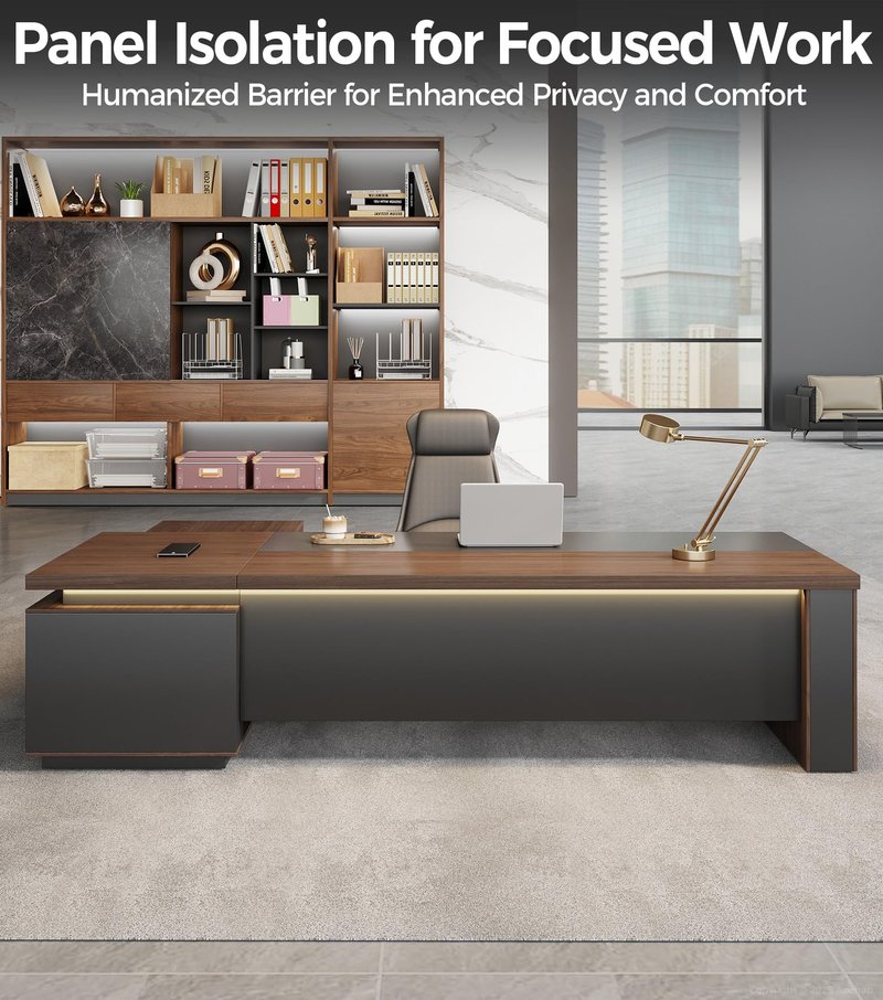 Anzhap 79" Reversible L-Shaped Executive Desk with Power Outlets & LED Lighting, Large Modern Office Desk with Drawers & Storage Shelves for Home Office, Corporate, School (79" W x 63" D x 30" H)