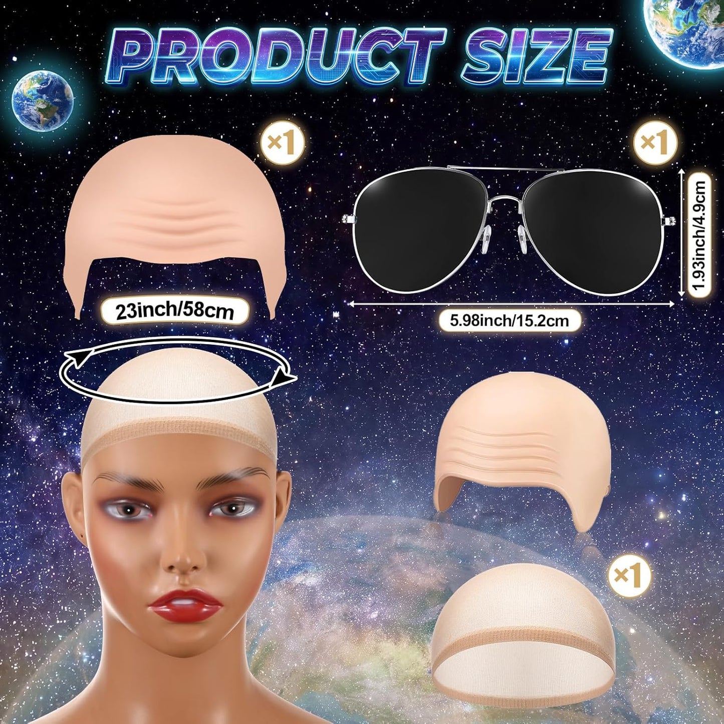 Bald Cap Set with Sunglasses - 3 Pcs Makeup Wig Cap for Halloween Cosplay | Unisex Costume Accessories