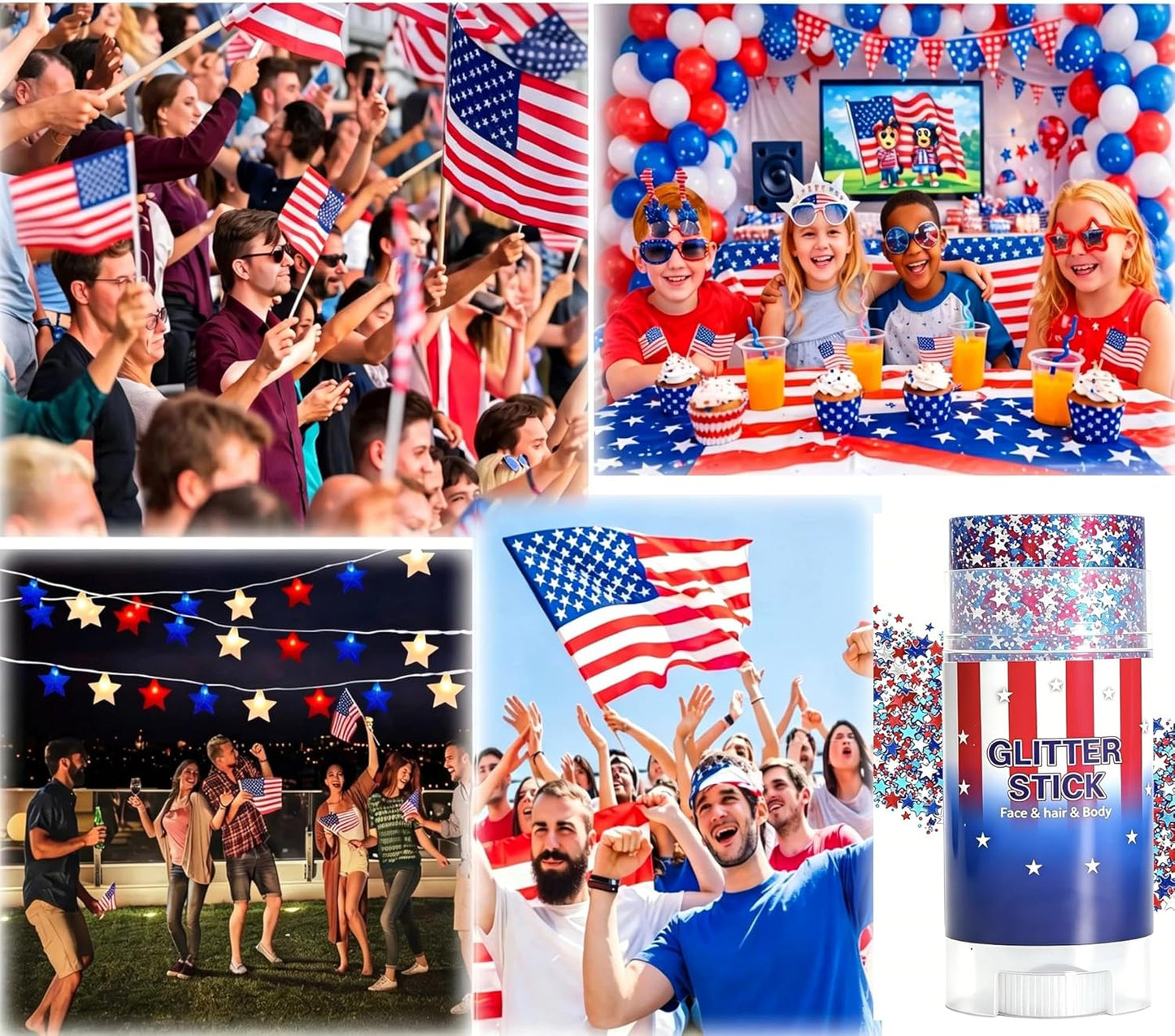 Patriotic Red White Blue Glitter Stick - Waterproof Face & Hair Glitter for 4th of July Celebrations | 250th Anniversary