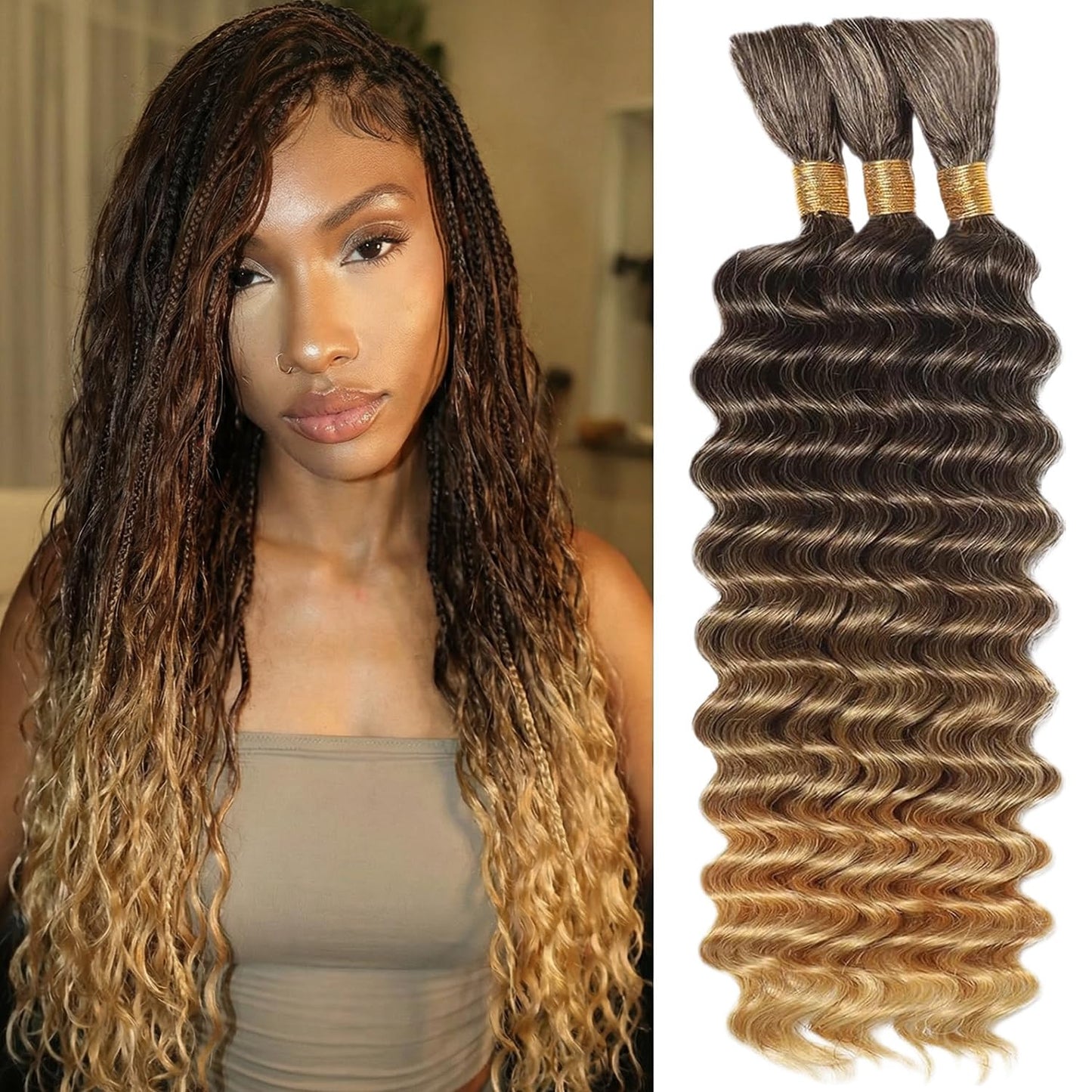 22 Inch Human Braiding Hair - Boho Deep Wave Bulk Brazilian Virgin Hair | 3 Bundles, 110g, Natural Color
