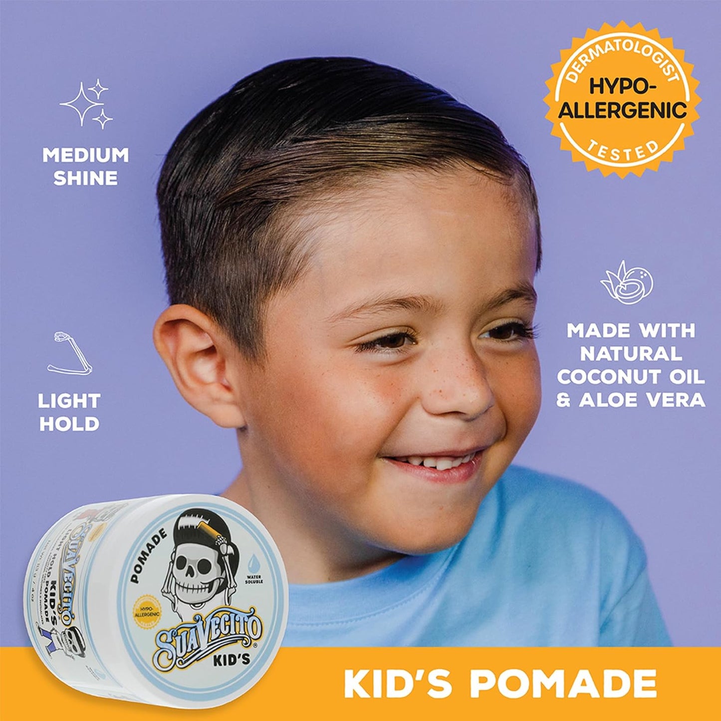 Suavecito Kid's Pomade - Calming Chamomile Scent, Light Hold | 4 oz Water-Based Hair Gel, Hypoallergenic Formula