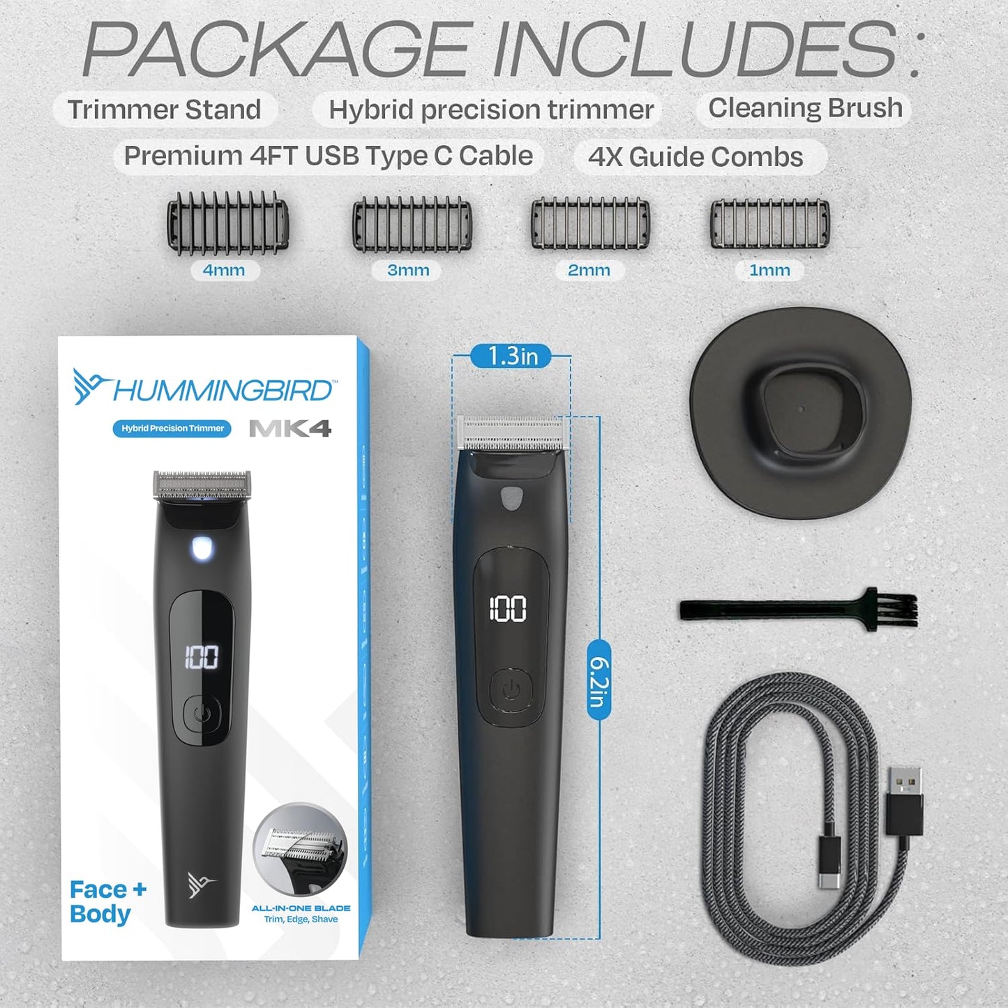 HUMMINGBIRD MK4 Electric Trimmer for Men – Precision Face & Body Hair Trimmer Kit, Waterproof Shaver for Hard to Reach Areas, USB-C Rechargeable, LED Display & Storage Base