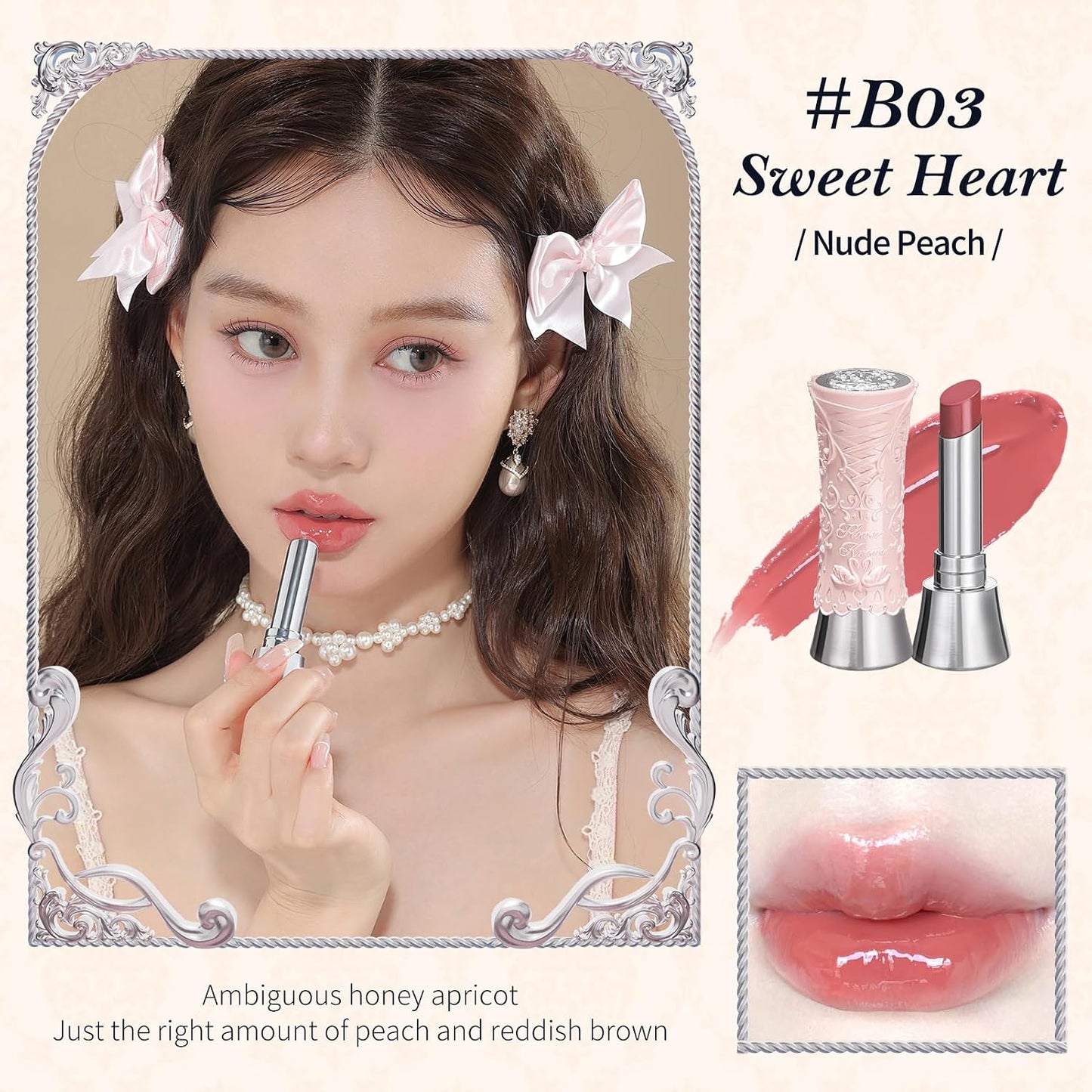 Swan Ballet Shine Lipstick - Hydrating Nude Peach Tinted Lip Balm for Long-Lasting Moisture | B03 Sweet Heart
