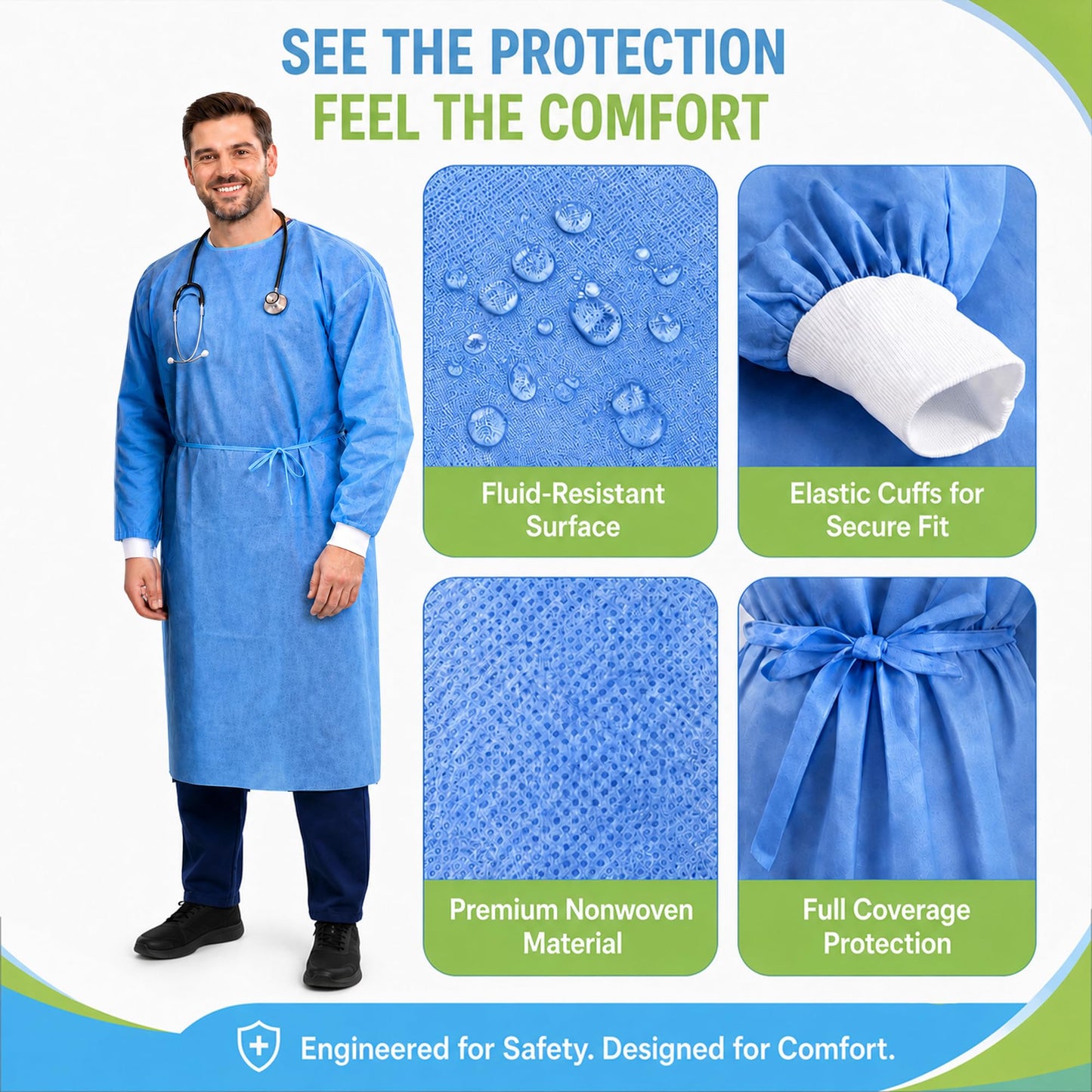 Disposable PPE Isolation Medical Gowns 10-Pack – Level 2, Full Back Coverage, Double Tie Closure, SMS 35g Material, Knit Cuffs, Unisex, Professional Blue for Healthcare & Lab Use