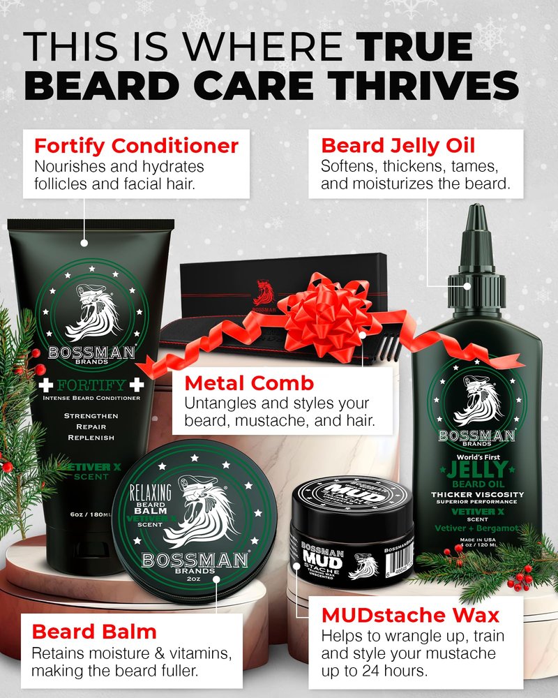 Bossman Complete Beard Kit – Men's Beard Oil Jelly, Fortifying Shower Conditioner, Balm, Mustache Wax & Comb – Beard Softener & Grooming Care (Gold Scent)