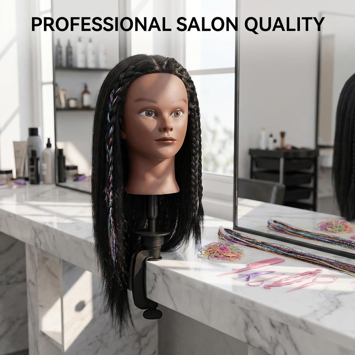 Human Hair Mannequin Head - 16 Inch Braiding Practice Head with Clamp Stand | Black