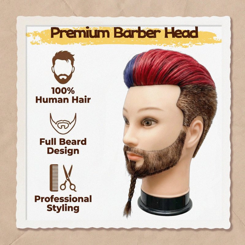 Czrleaty Mannequin Head Human Hair for Hair Styling, Barber Mannequin Head Male with 100% Human Hair and Beard Cosmetology Training Manikin Head for Hair Cutting