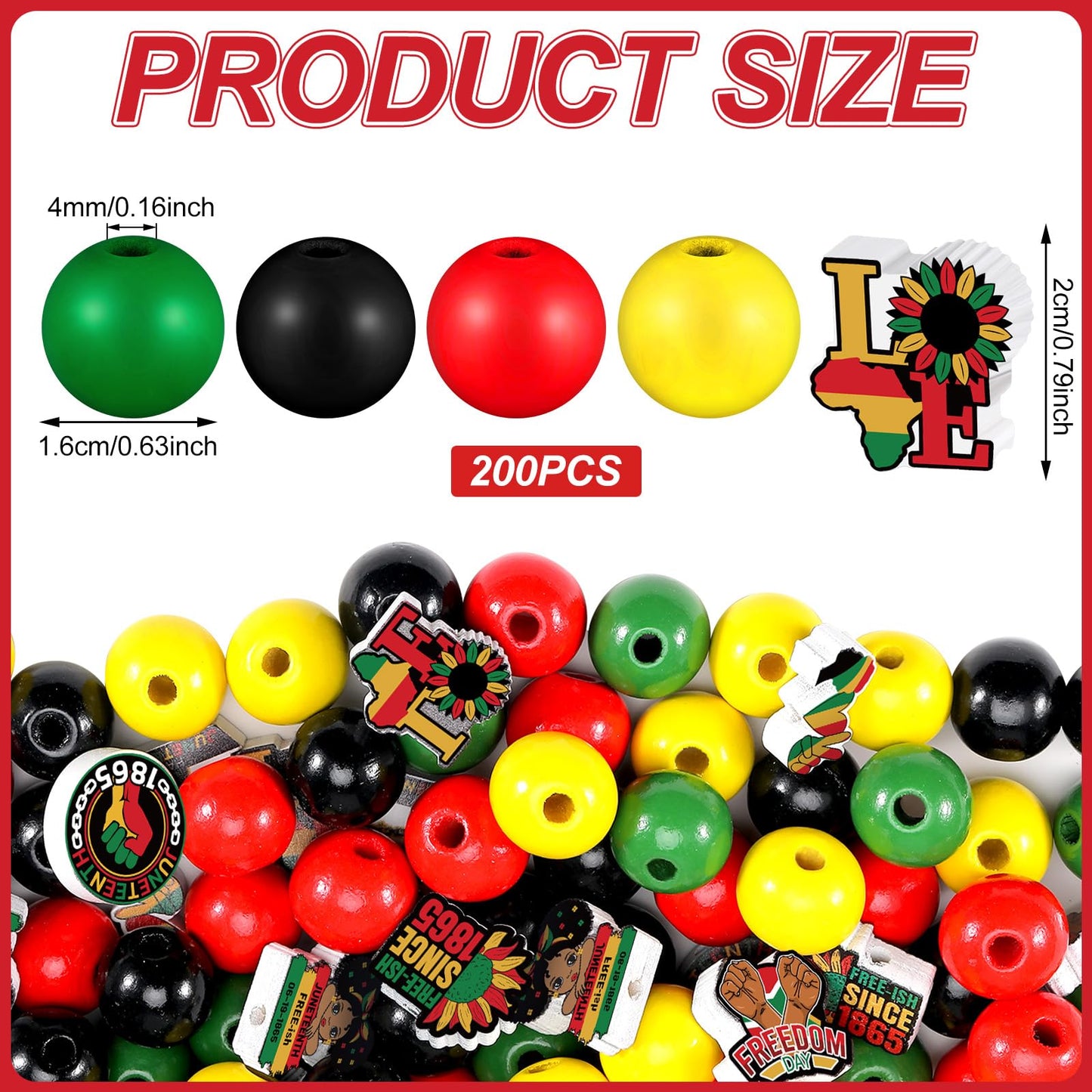 Fabbay 200 Pcs Juneteenth Wooden Beads Black Red Green Yellow Wooden Beads 1865 Freedom Day Wood Ornaments with Hemp Rope for Juneteenth Jewelry Making DIY Crafts Home Party Decor