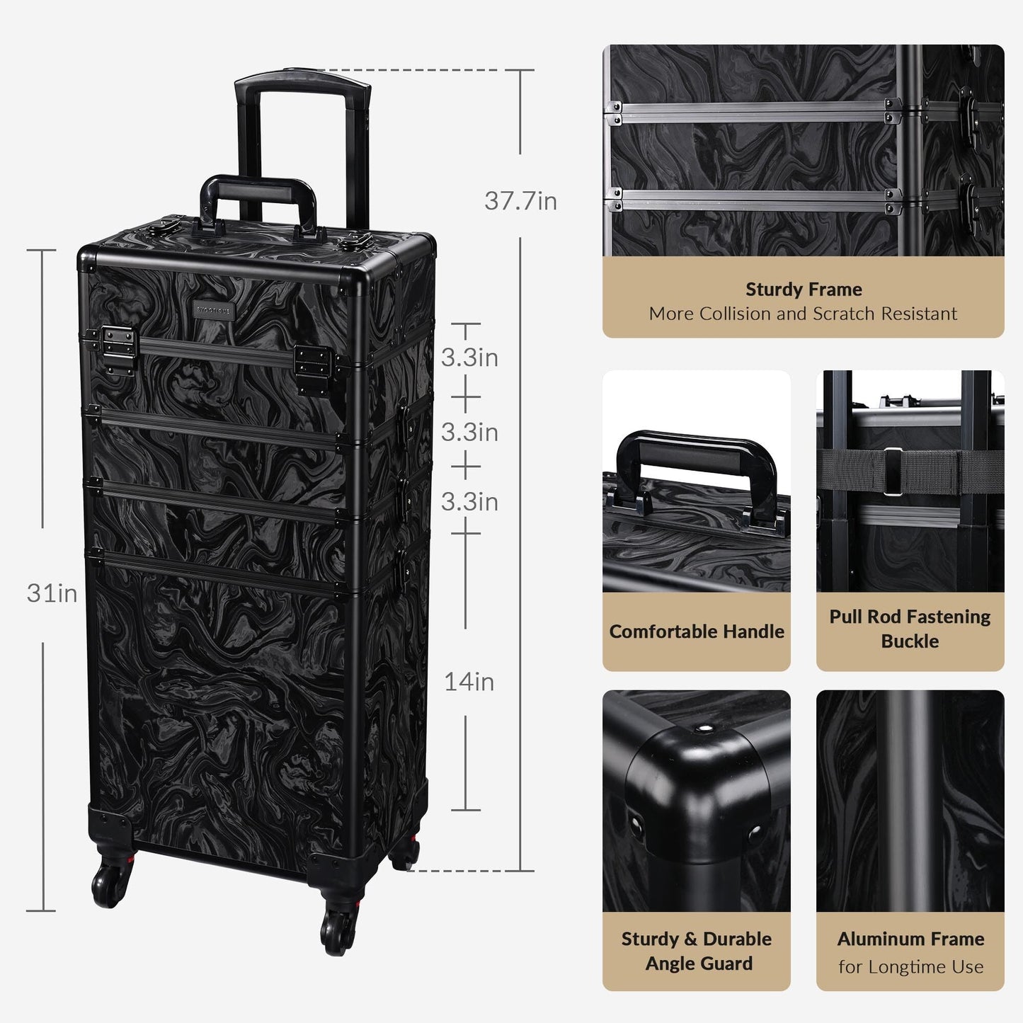 BYOOTIQUE 4in1 Rolling Makeup Train Case with 2 PCS Clear Cosmetic Toiletry Bag for Makeup Artist, CB Shadows