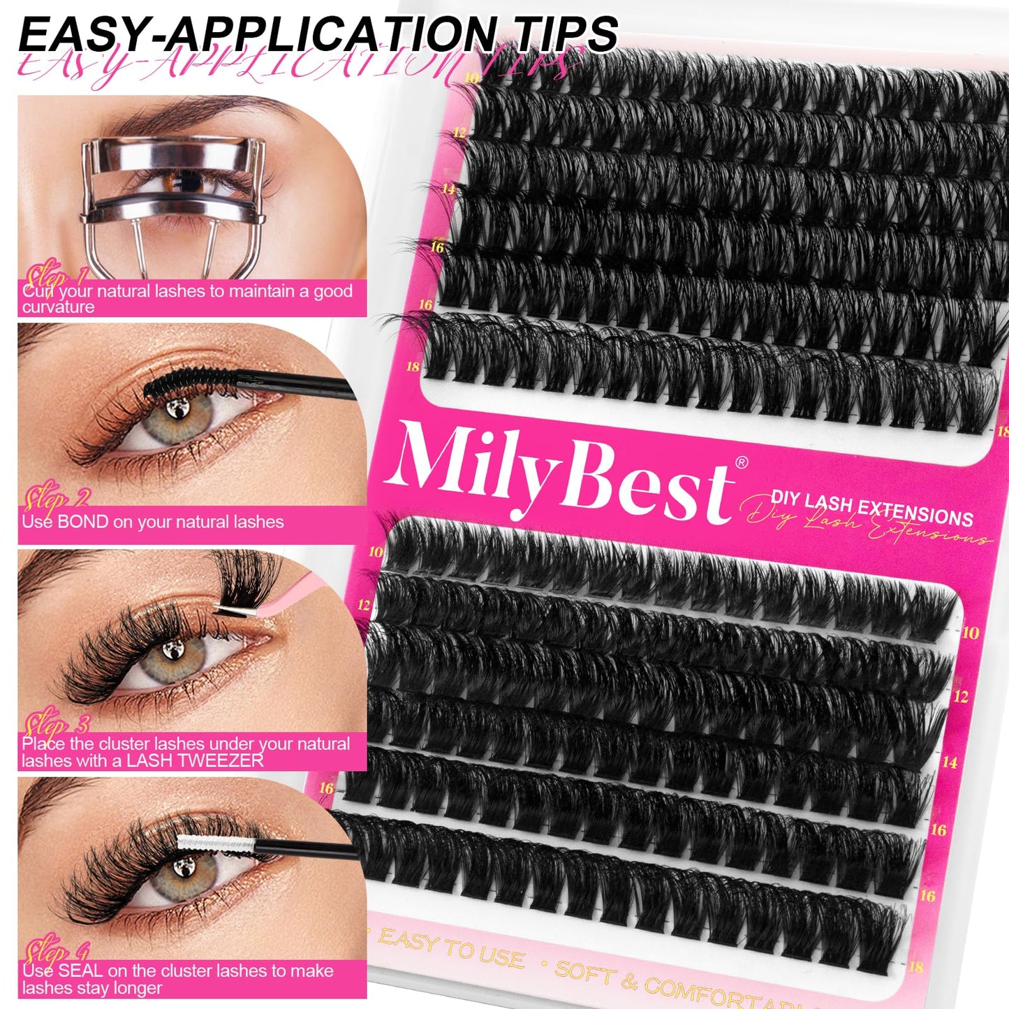 MilyBest Lash Clusters Kit Wispy, 10-18mm Fluffy Volume 80D 100D Eyelash Clusters D Curl - Reusable DIY Lash Extension Kit for Beginners, Thick Cluster Eyelash Extensions with Bond and Seal Tweezers