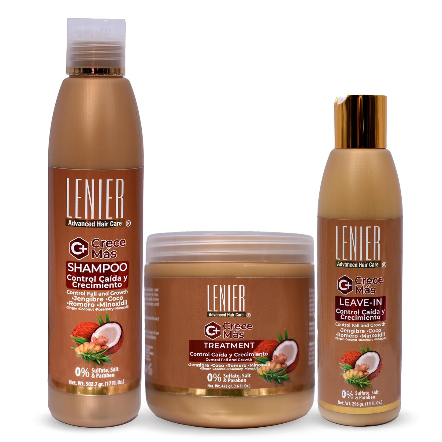 Lenier Crece Más Hair Growth Bundle | 3 Items | Shampoo 17 oz, Hair Mask 16 oz & Leave In Conditioner 10 oz | Ginger, Coconut Oil & Rosemary | Sulfate Free Hair Care System