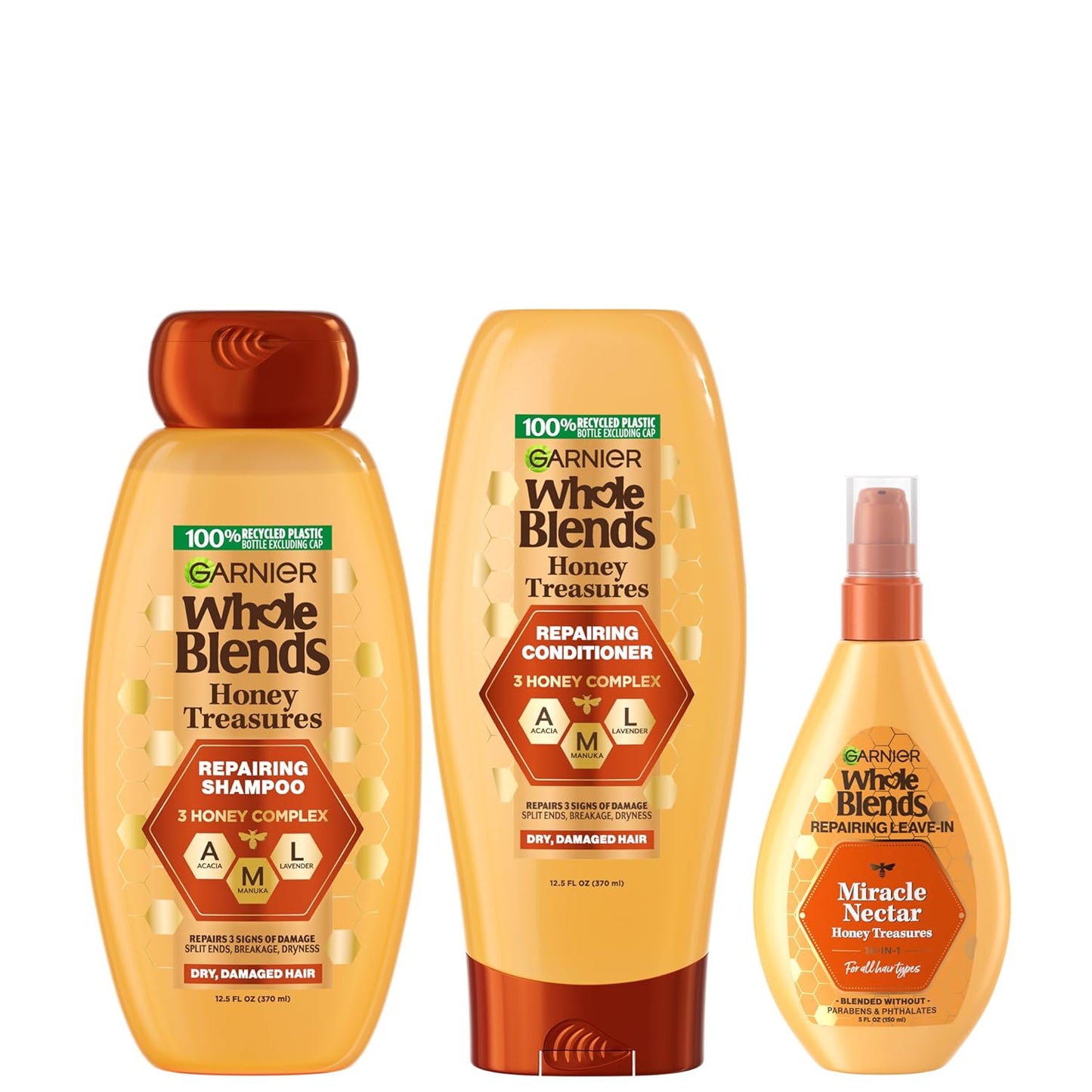 Garnier Whole Blends Honey Treasures Repairing Shampoo & Conditioner Set | Miracle Nectar for Dry, Damaged Hair (3 Items)