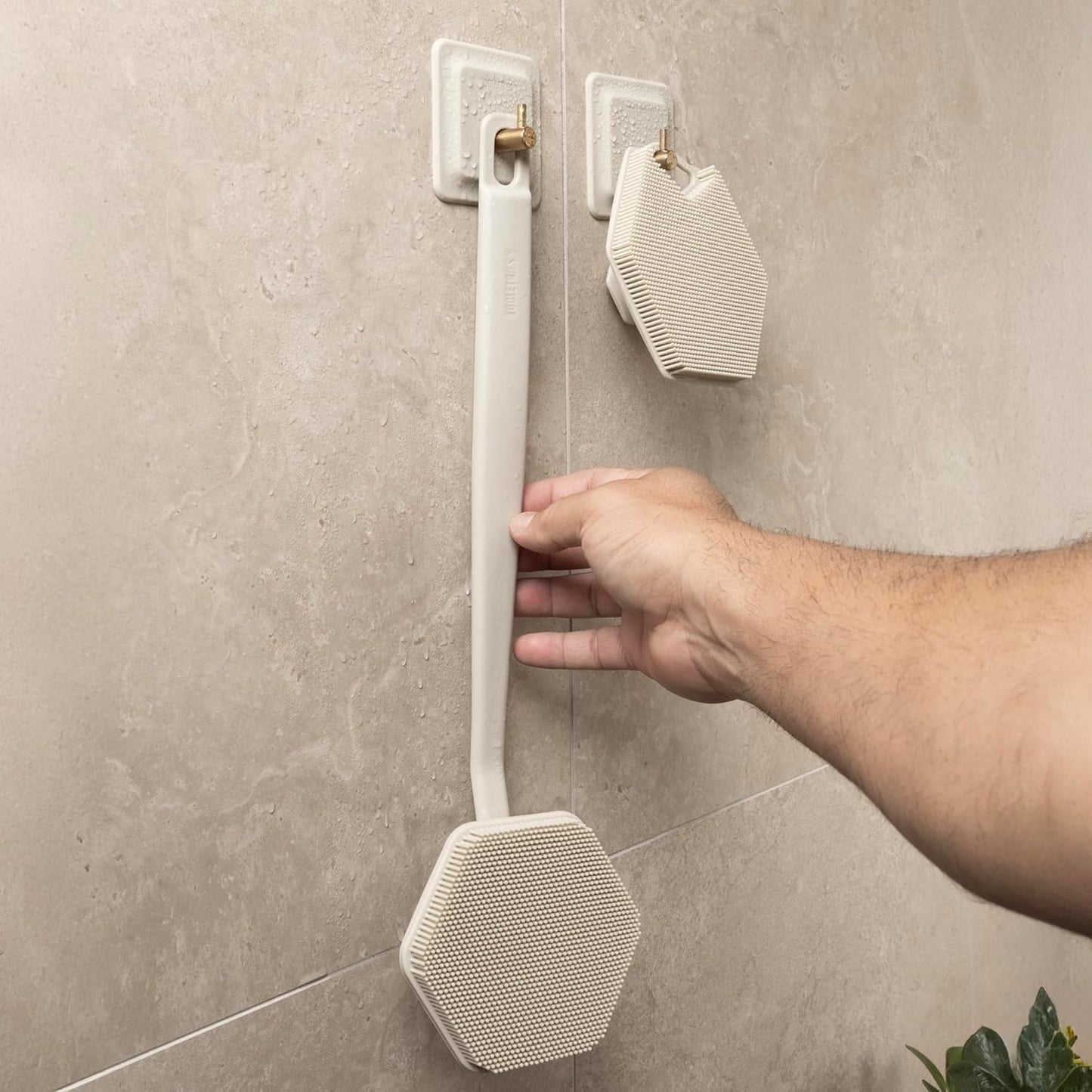 Arnold Silicone Shower Hooks - Waterproof Adhesive Bathroom Organizer for Razors & Loofahs | 2 Pack - Sand Color