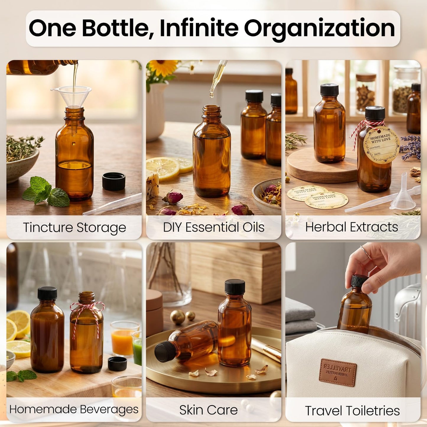 TBWIND 54 Pack 2oz Amber Glass Boston Round Bottles with Airtight Caps