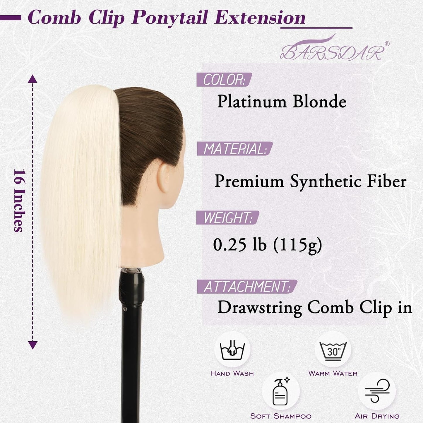 Platinum Blonde Straight Ponytail Extension - 16 Inch Soft Synthetic Hairpiece for Daily & Party Use