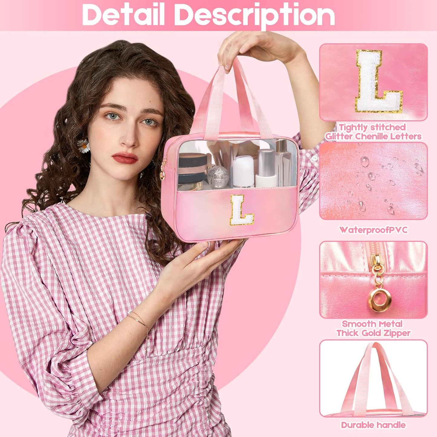 Personalized Pink Clear Makeup Bag - Large Cosmetic Organizer for Travel | Ideal Gift for Women & Girls