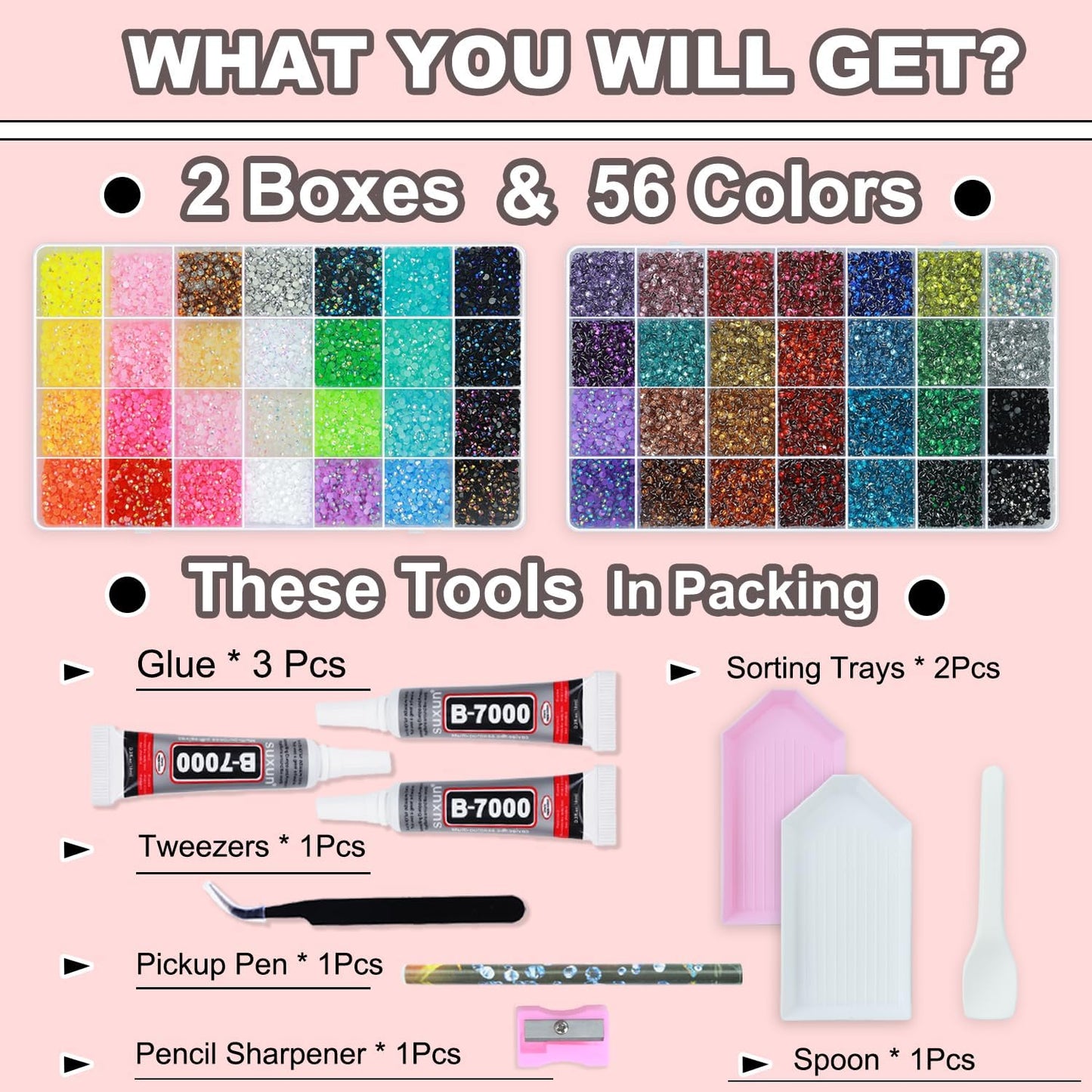Rhinestones Bedazzling Kit - 56 Colors 3mm Flatback Gems with Glue & Tools | DIY Crafts, Jewelry, Decor