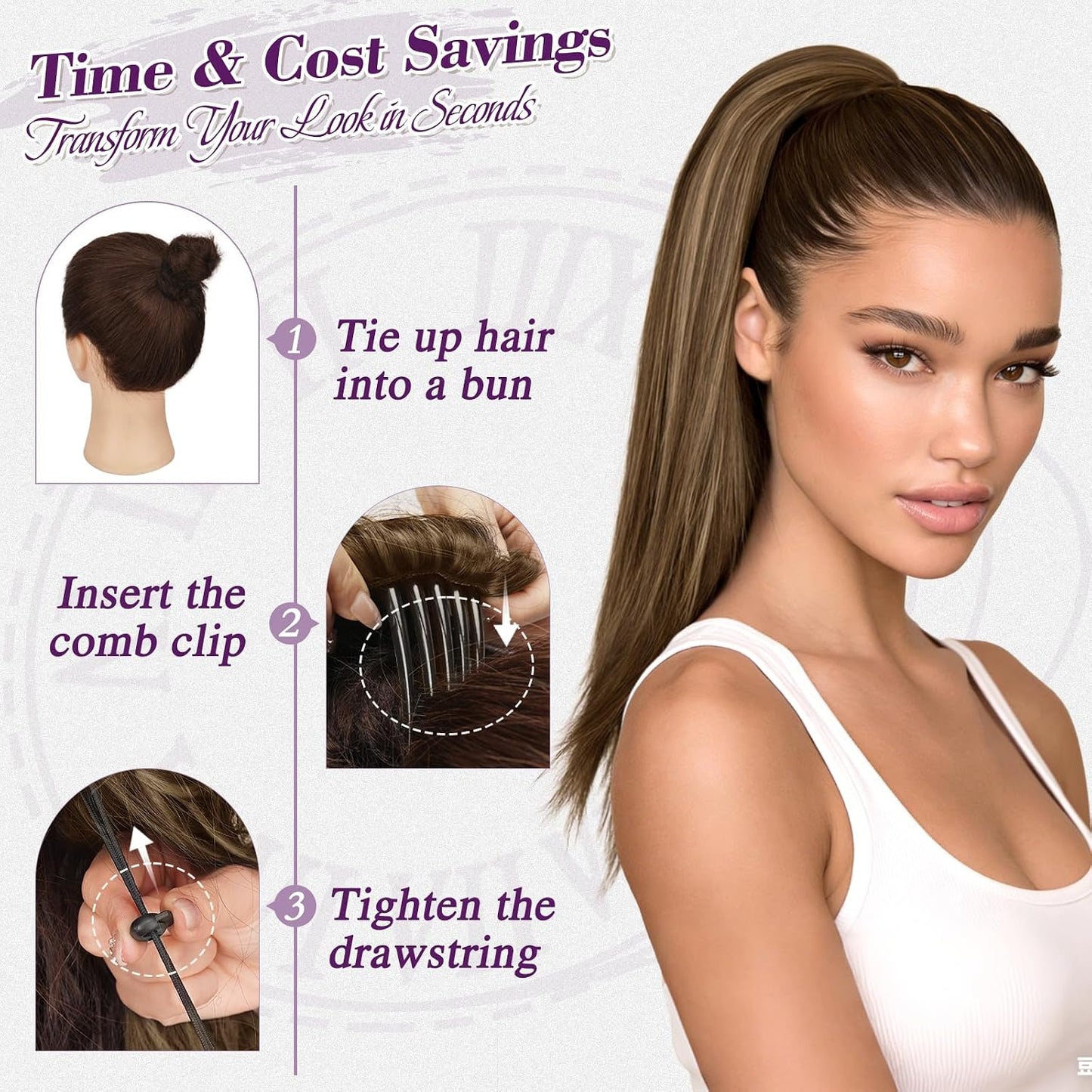 Straight Drawstring Ponytail Extension - 16 Inch Soft Synthetic Hairpiece for Daily Wear | Brown with Blonde Highlights