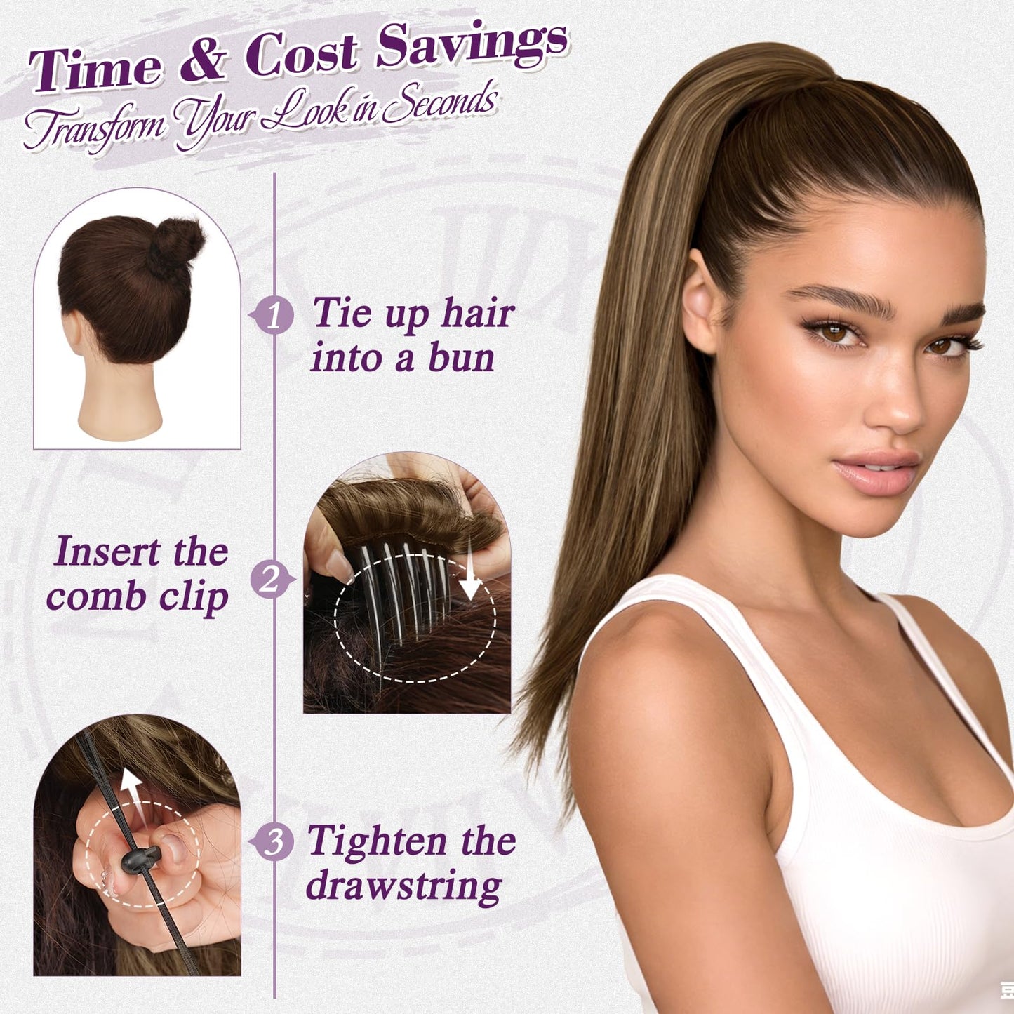 BARSDAR Straight Drawstring Ponytail Extension - 16 Inch Short Straight Ponytail Extension Natural Soft Synthetic Cheer Posh Pony Tails Hairpieces Daily Party Cheer Competition, Brown with Blonde
