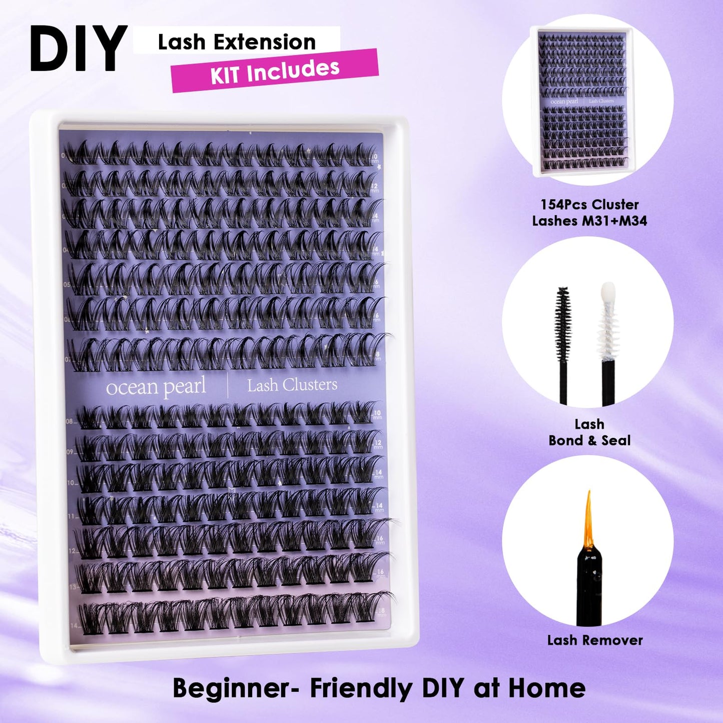 Ocean Pearl Lash Clusters Kit 154pcs,10-18mm manga/anime-inspired lashes clusters,spike-effect cluster lashes,Eyelashes,DIY Cluster Eyelash Extensions kit with lash bond+seal+remover+tweezers-M31+M34