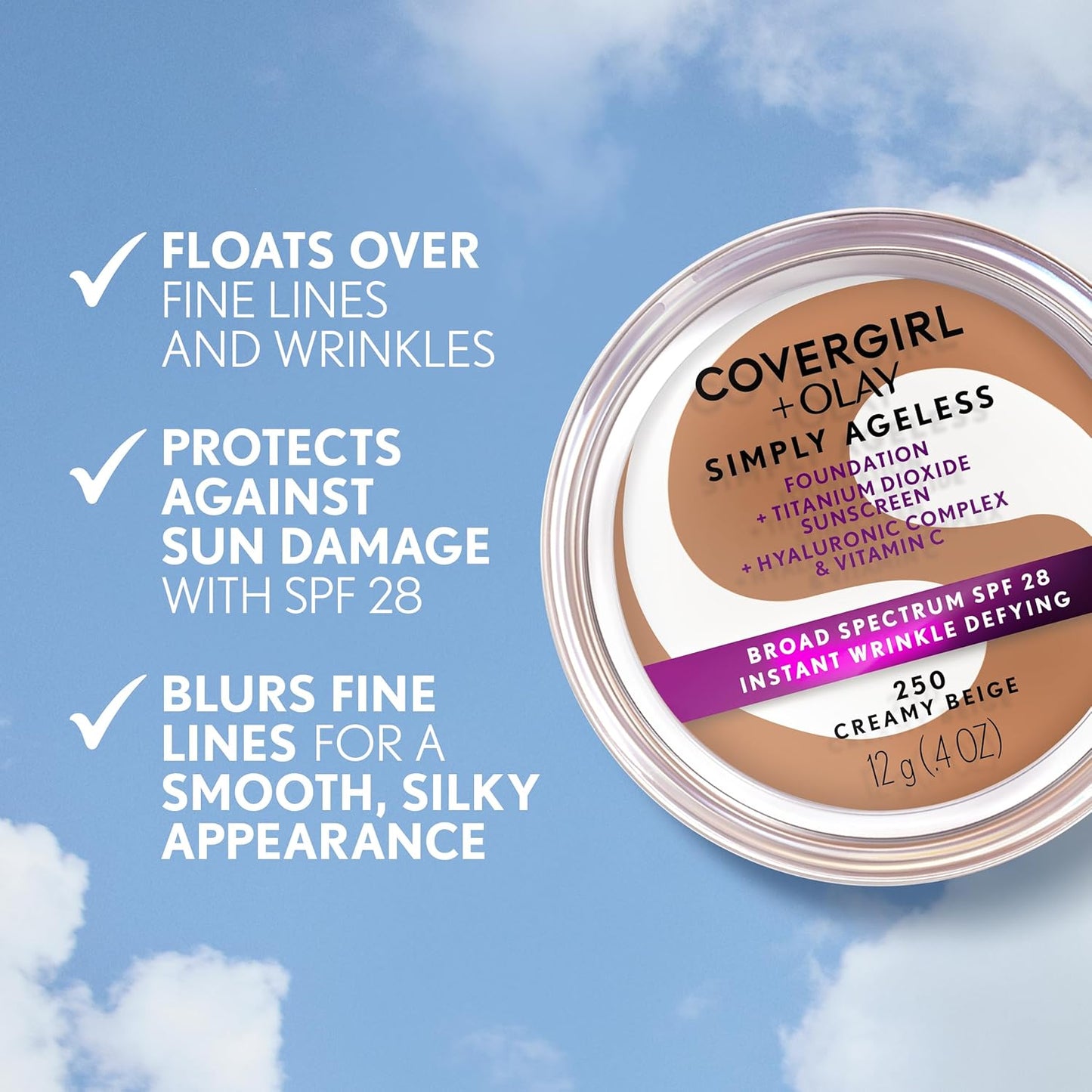 COVERGIRL Simply Ageless Foundation - Instant Wrinkle Defying, SPF 28, Hyaluronic Complex | 205 Ivory, 1 Pack