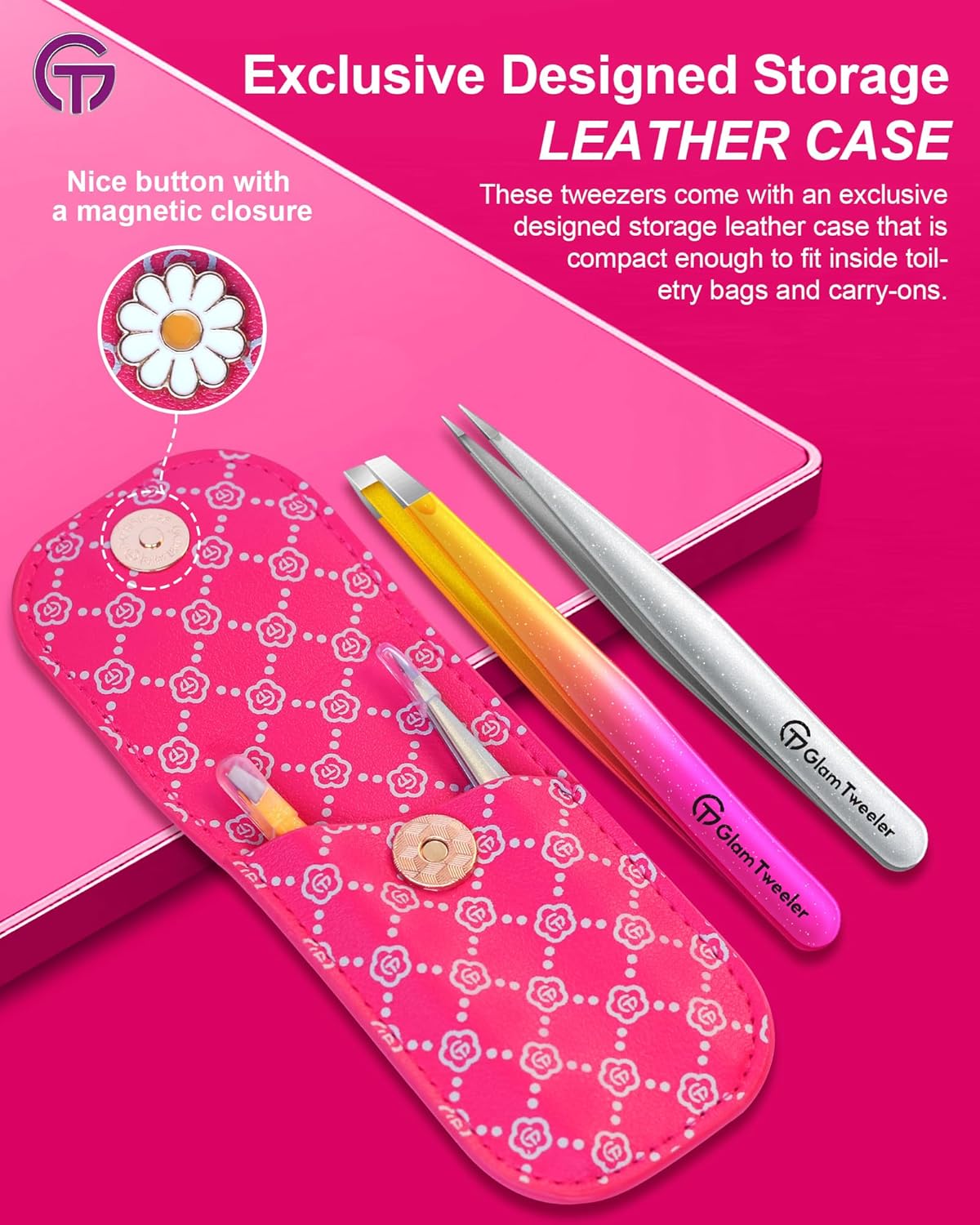 Expert Slant & Point Tip Tweezer Set - Precision Eyebrow Tweezers with Travel Case | Sparkle Hot Pink & Silver
