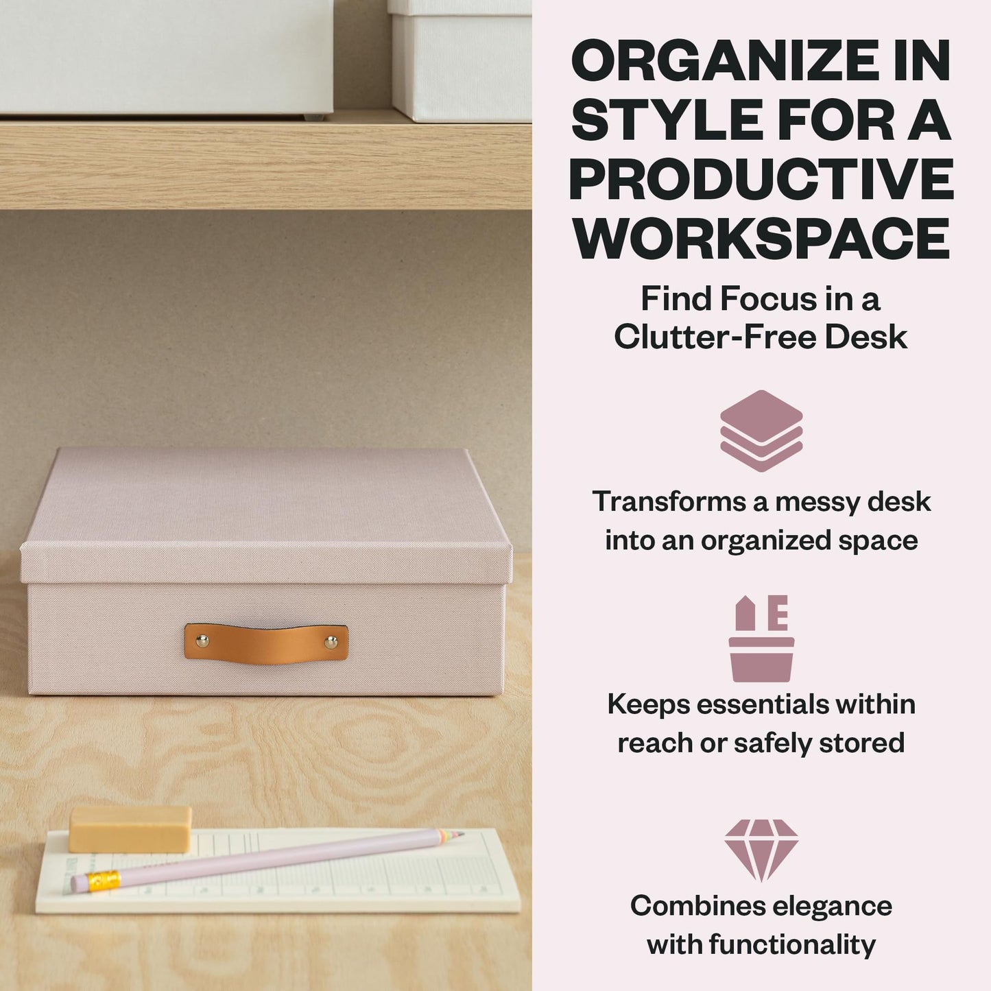 Bigso Oskar Fiberboard Document Storage Box with Lid for A4 and Letter Size Papers - Stylish, Sturdy, and Stackable Keepsake Box with Leather Handle - W10.2in x D13.8in x H3.3in - Pink Rose
