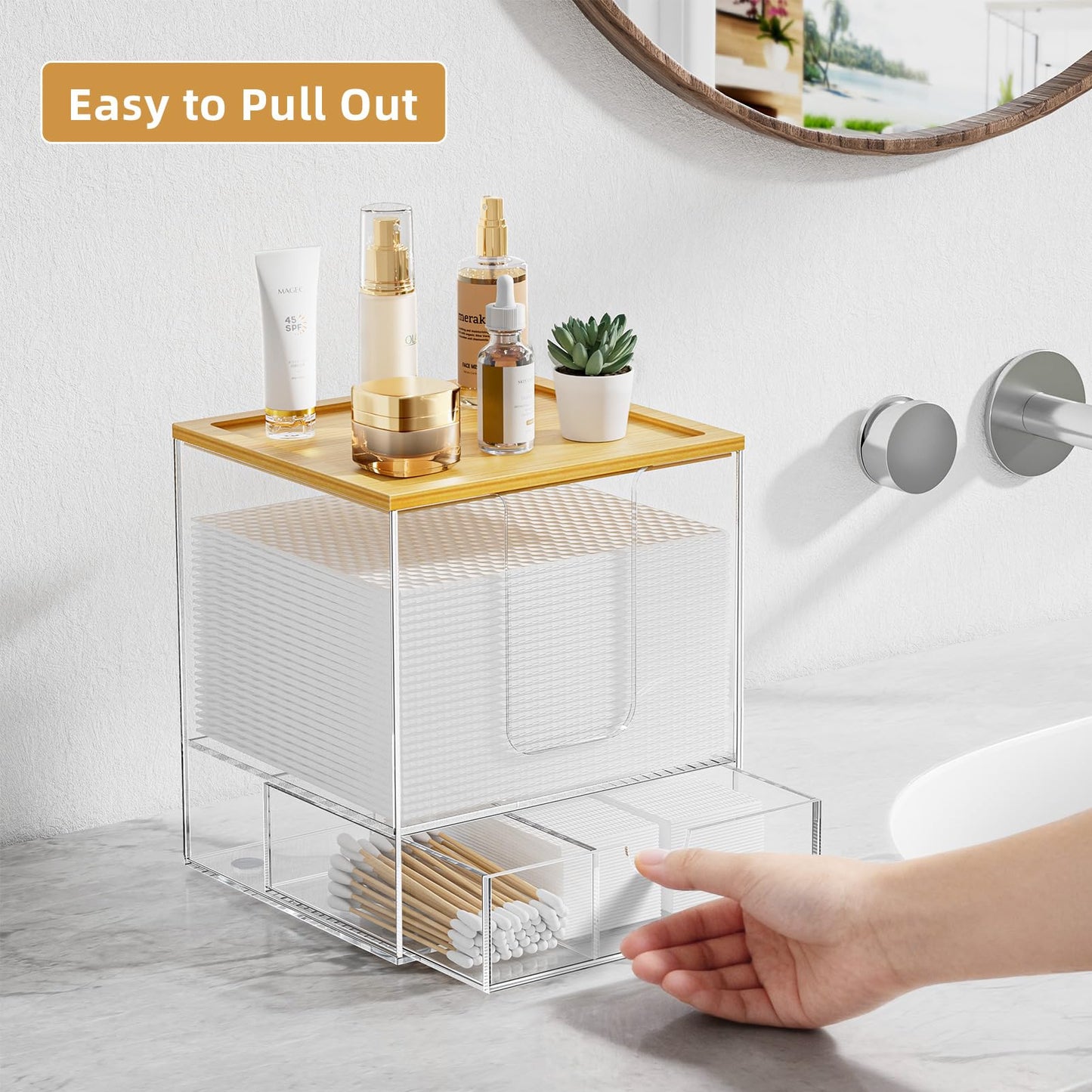VITVITI Disposable Face Towel Holder for Clean Skin Club, Acrylic Bamboo Facial Towel Holder Box with Drawer, XL Face Towels Container for Bathroom Vanity Makeup, Clear