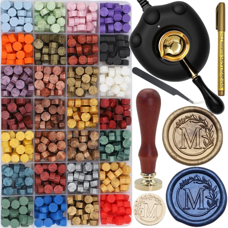 732 Pcs Sealing Wax Stamp Kit with Electric Wax Seal Warmer, Initial Alphabet M Seal Stamp, Assorted Colors Waxseal Beads, Spoon, Pen, Letter Sealingwax Kit (M)