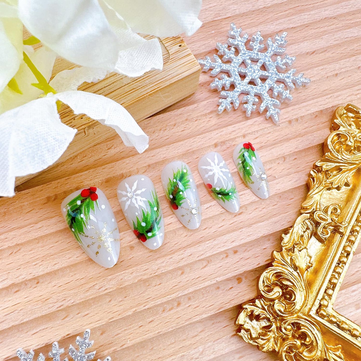 Christmas Press-On Nails - Medium Almond Winter Snowflake Design | 24 Pcs Acrylic Full Cover with Diamond Accents