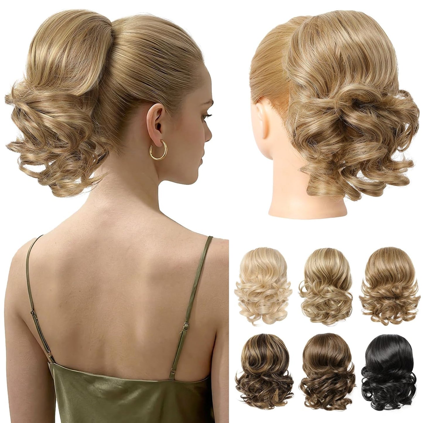 Ponytail Extension - 8" Short Curly Drawstring Hairpiece for Women | Deep Blonde with Highlights