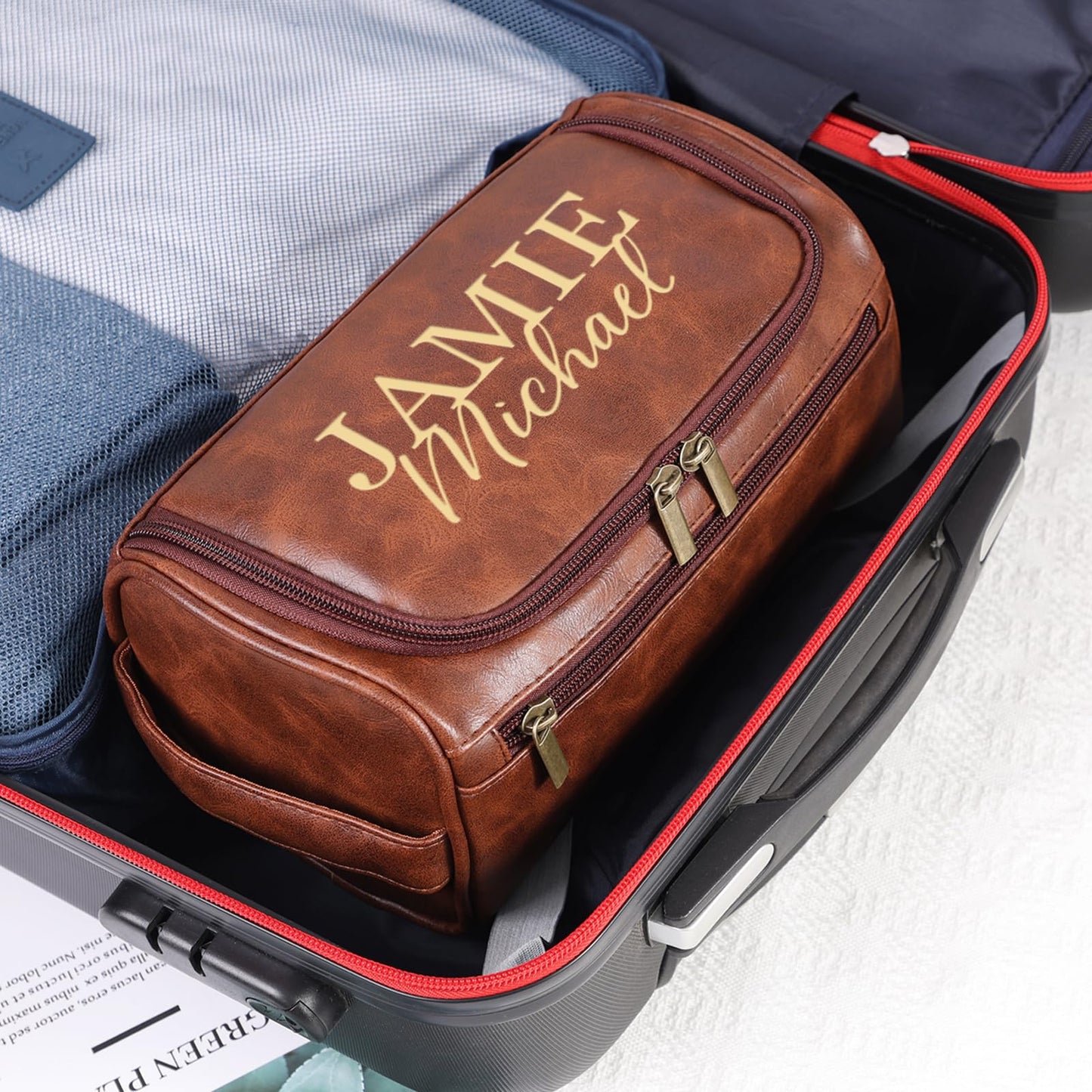 Seozata Personalized Leather Toiletry Bag for Men, Custom Engraved Travel Dopp Kit Bag, Customized Name Initials Gift for Groomsmen, Best Man, Father's Day, Wedding, Birthday, Husband, Grandpa