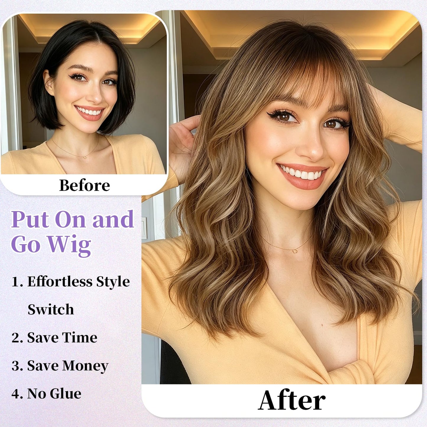 XIXIBI Light Brown Wig with Bangs for Women, Ombre Brown Mixed Blonde Highlights Layered Curly Wavy Wigs, Beginner Friendly 4x4 Realistic Scalp Synthetic Wigs for Daily Party Use 18Inch