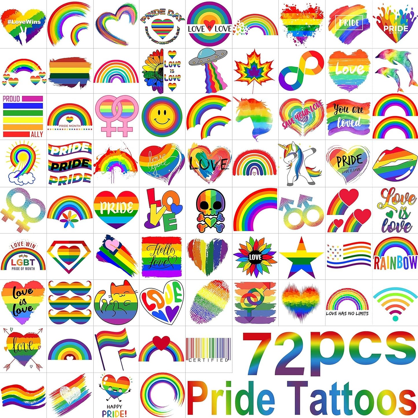 Rainbow Temporary Tattoos - 72 PCS LGBT Pride Face & Body Stickers | Colorful Rainbow Designs for Men & Women