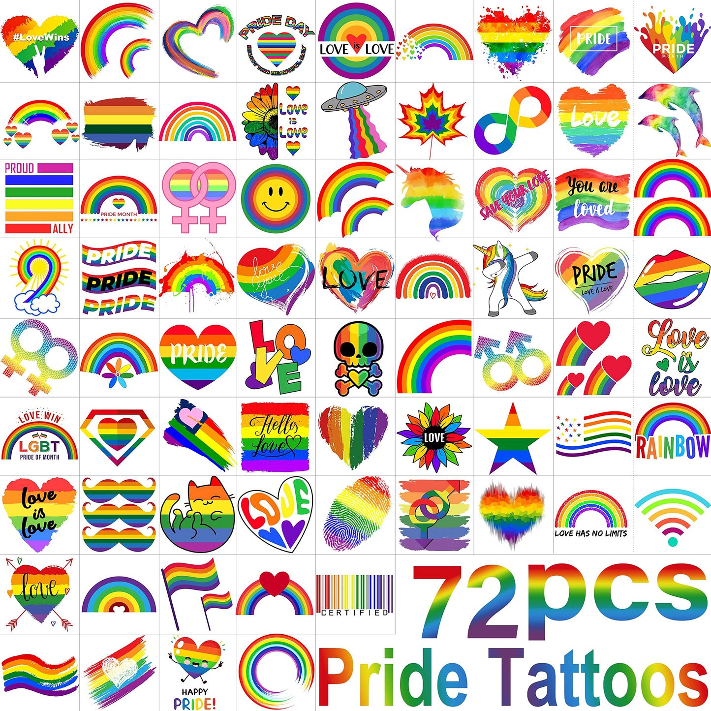 72 PCS Pride Tattoos, Rainbow Temporary Tattoos For Men Women Adults, LGBT Pride Face Tattoos Temporary, LGBTQ Flag Stripes Rainbow Body Stickers, LGBT Gay Pride Accessories Parade Celebrations Party