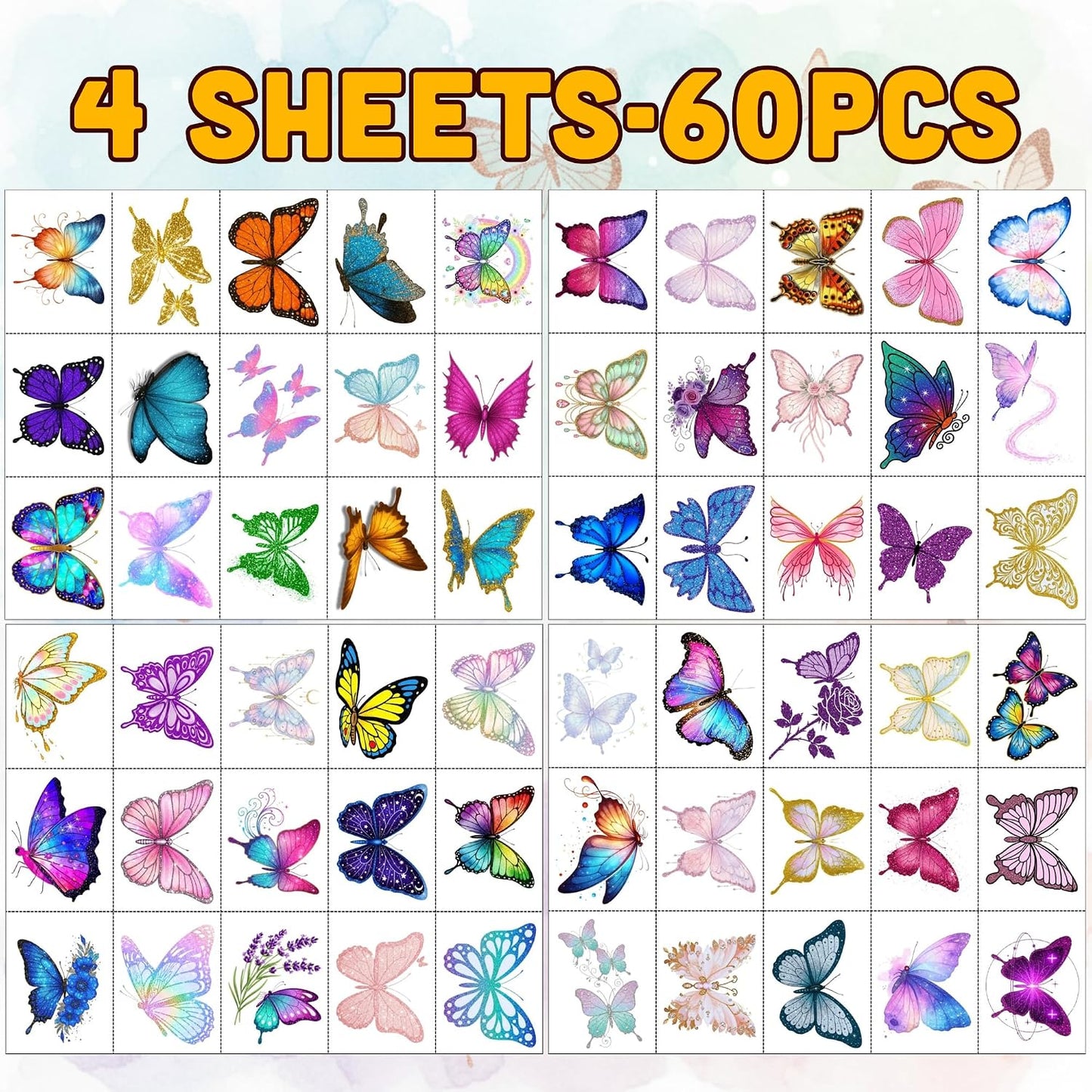 Glitter Butterfly Temporary Tattoos - Fun Party Favors for Kids & Teens | 60 Pre-Cut Stickers, Perfect for Birthday Celebrations