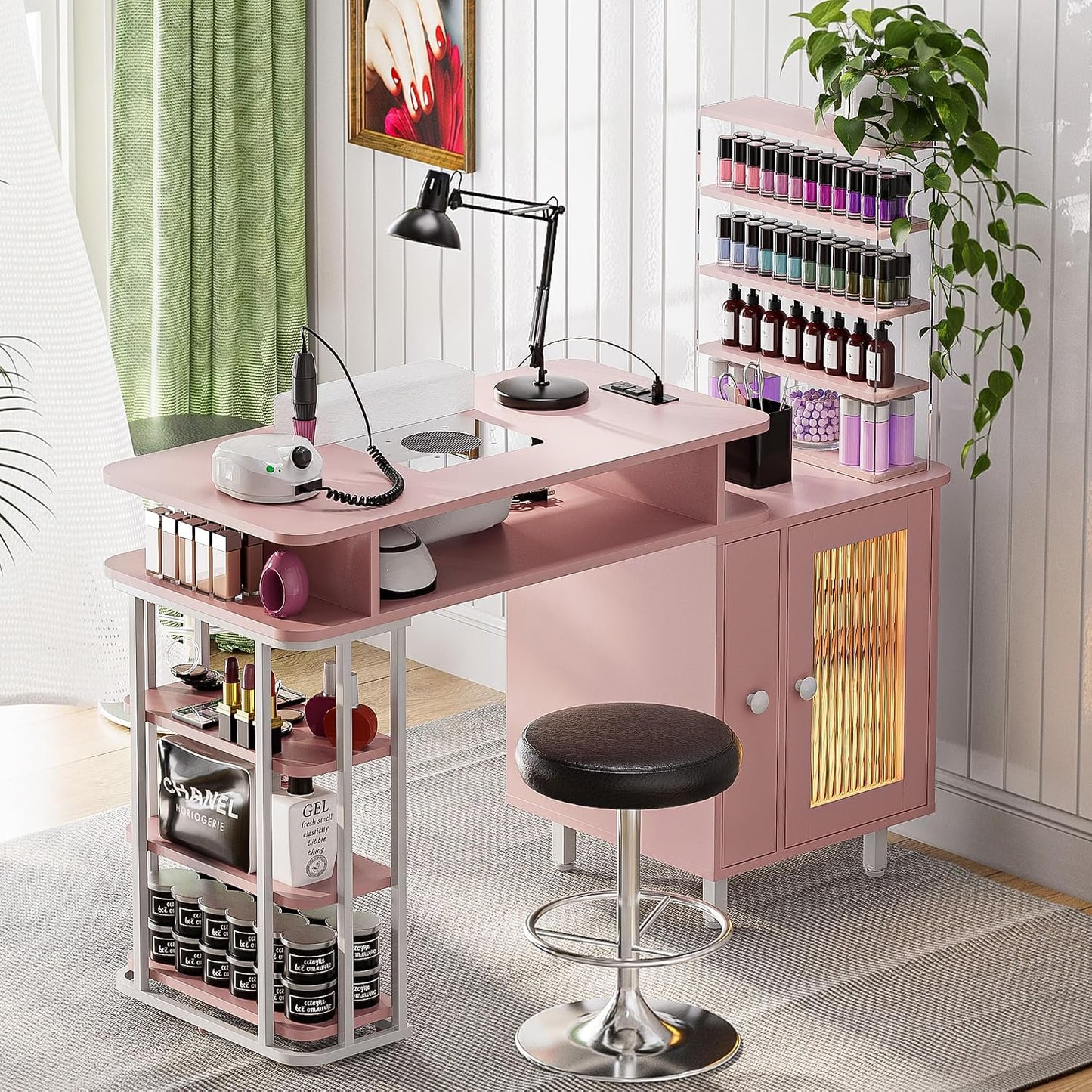 Manicure Table with LED Light - Nail Tech Desk with Dust Collector & Charging Station | White