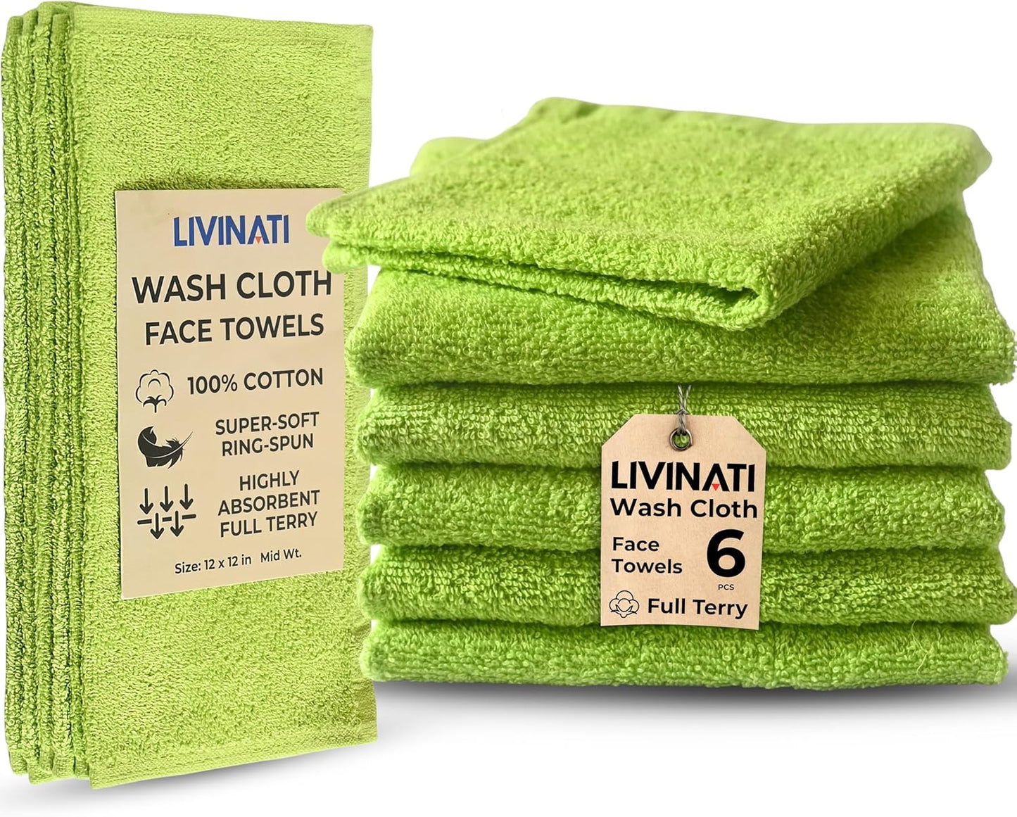 Turquoise Cotton Wash Cloths - Soft Absorbent Terry Towels | 12"x12" 6-Pack for Adults & Kids
