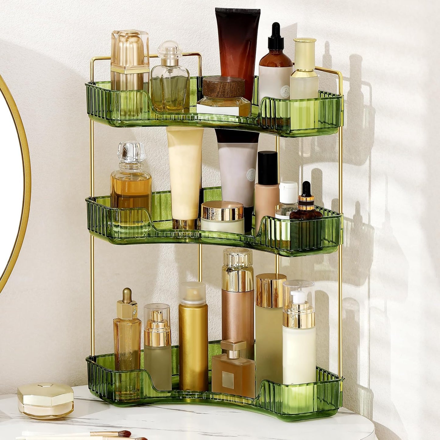 3 Tier Corner Bathroom Organizer - Stylish Makeup & Perfume Shelf for Vanity | Grey