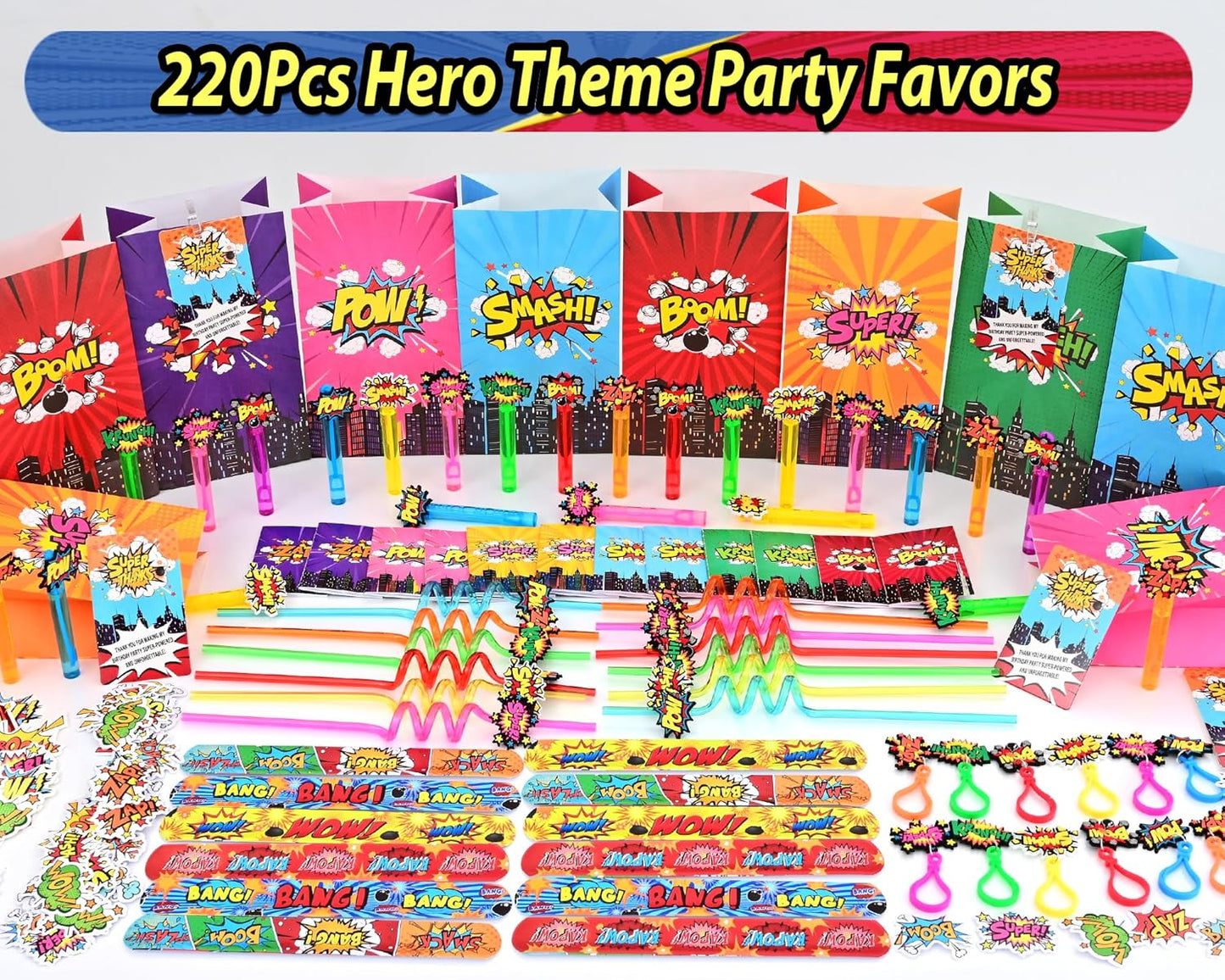 Hero Party Favors Kit - 220PCS Birthday Supplies with Goodie Bags, Straws, Bubble Wands & Notebooks | Ideal for Party Decorations & Piñata Fillers